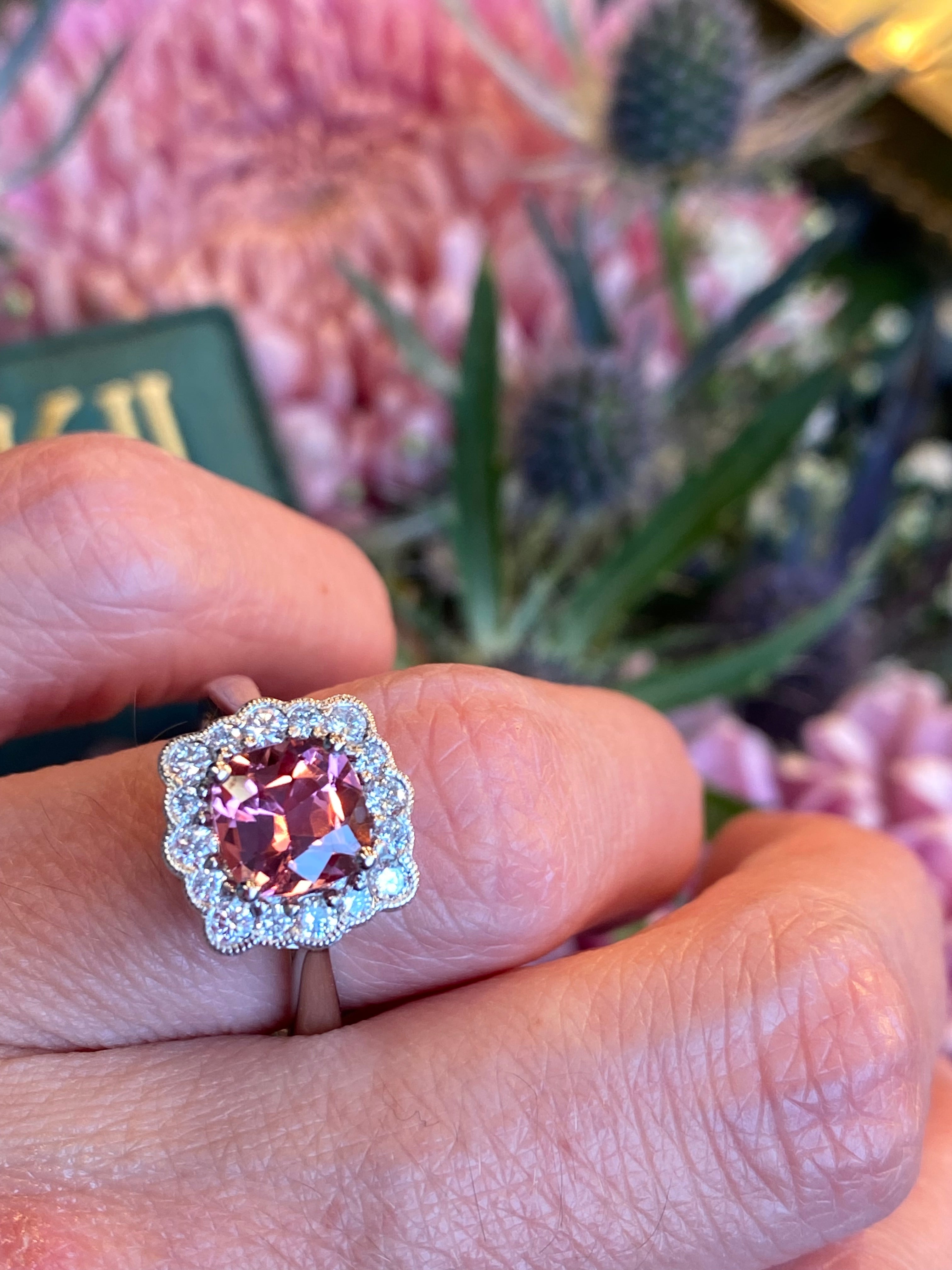 1.58 Carat Cushion Cut Pink Tourmaline and Natural Diamond Ring in Platinum