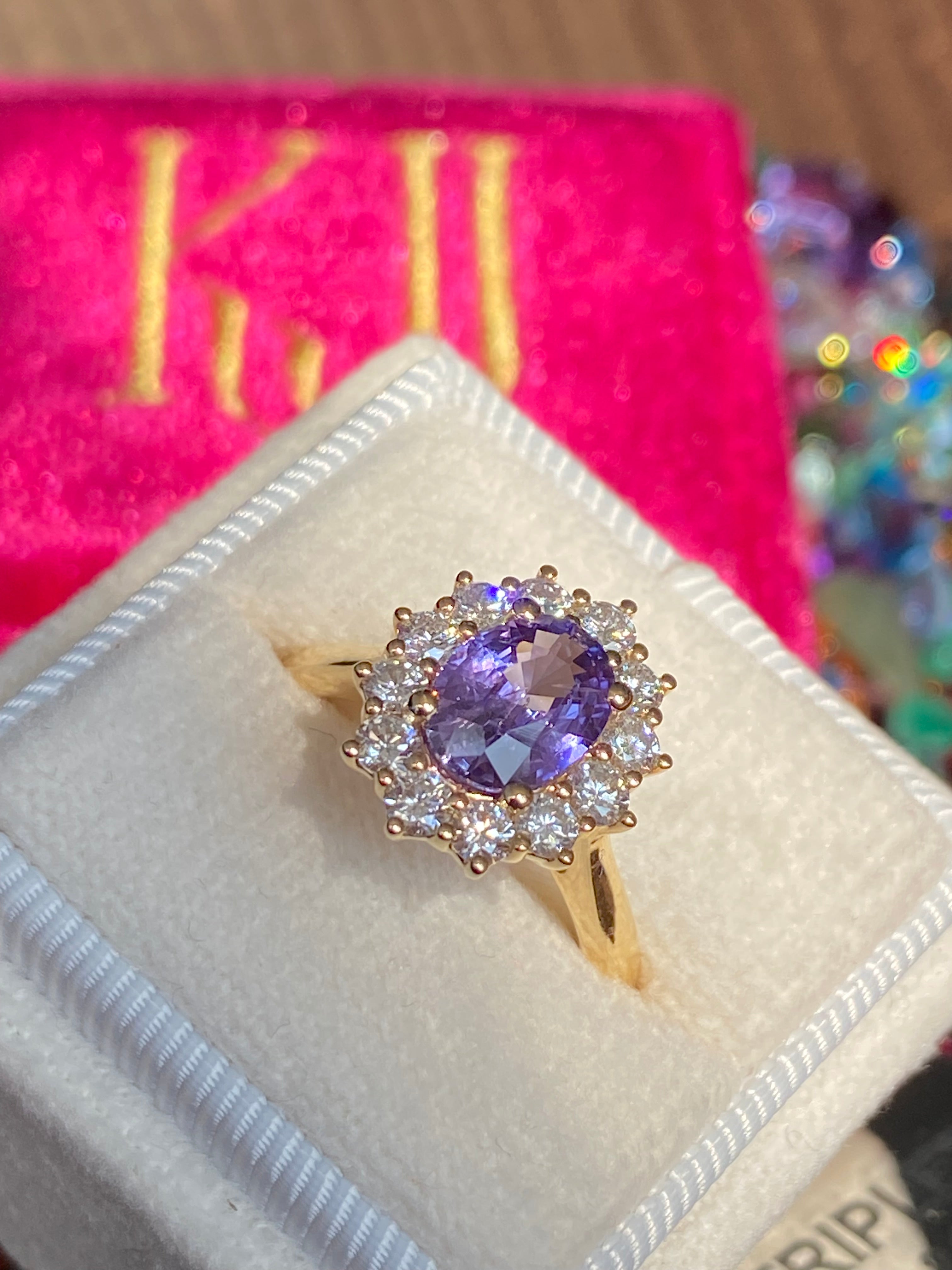 2.08 CTW Violet Sapphire and Natural Diamond Halo Ring in 18ct Yellow Gold