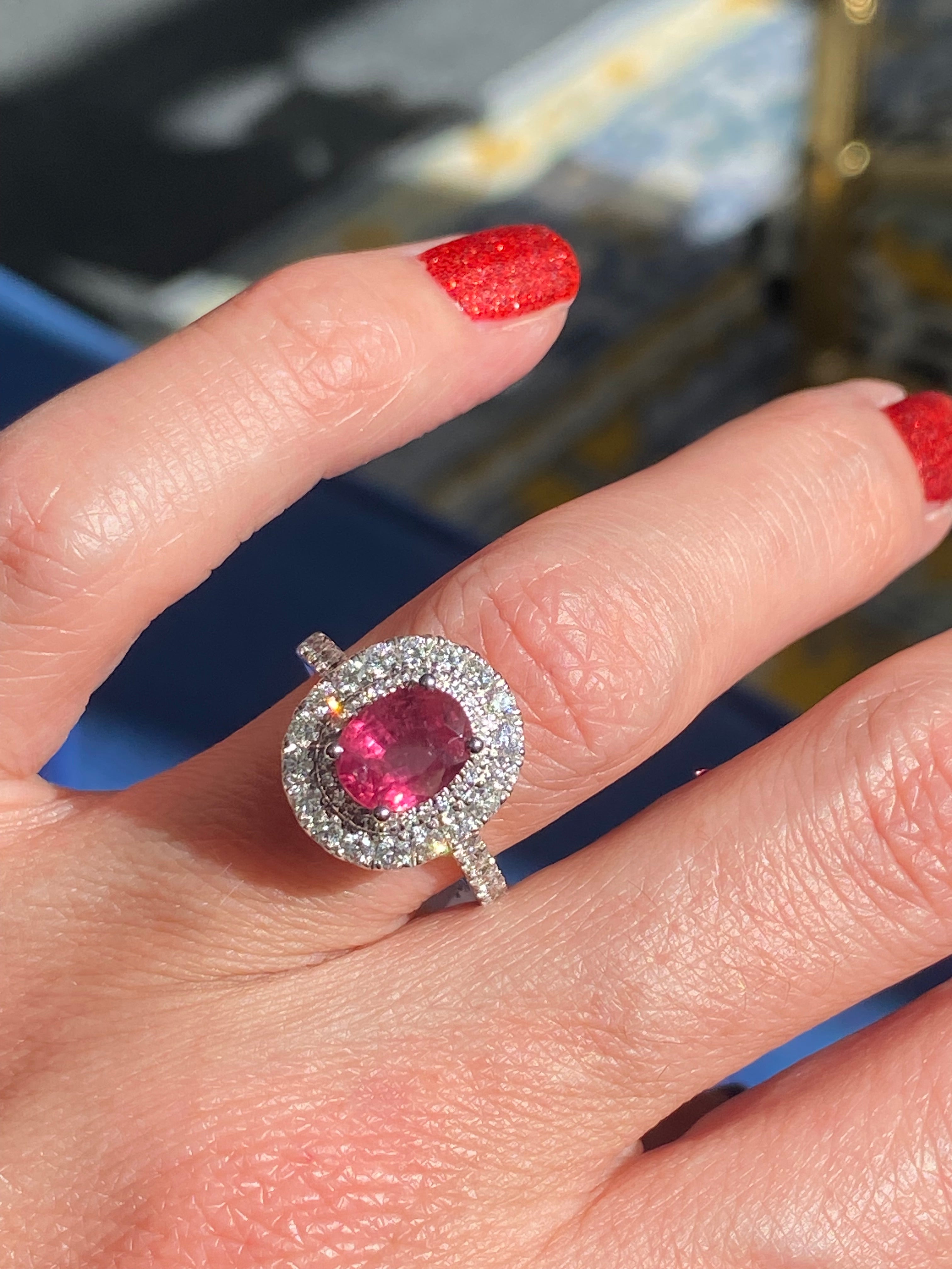 2.56 CTW Oval-Cut Ruby and Natural Diamond Double Halo Ring in Platinum