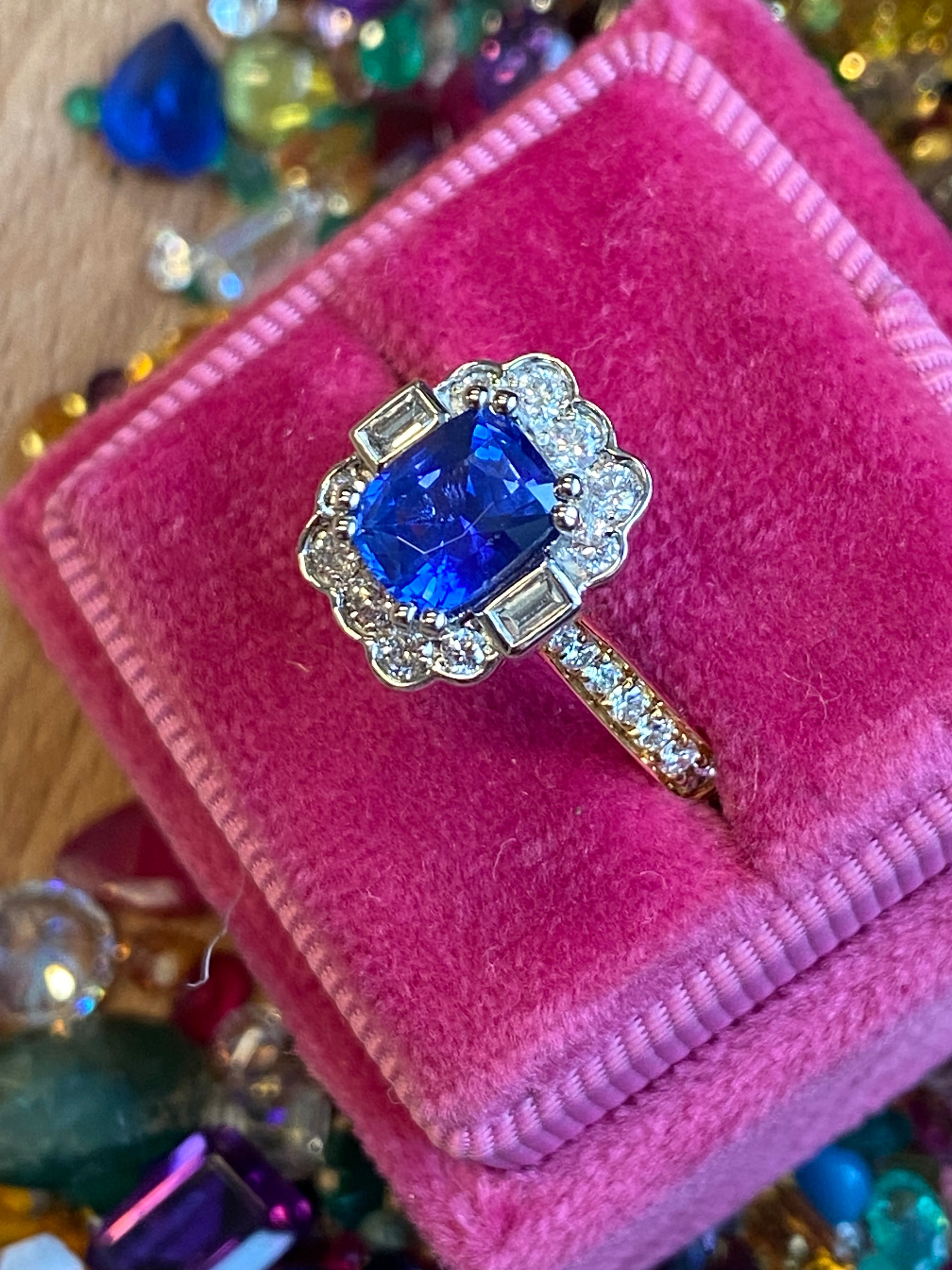 2.11 CTW Cushion Cut Ceylon Sapphire and Natural Diamond Ring in 18ct Yellow Gold