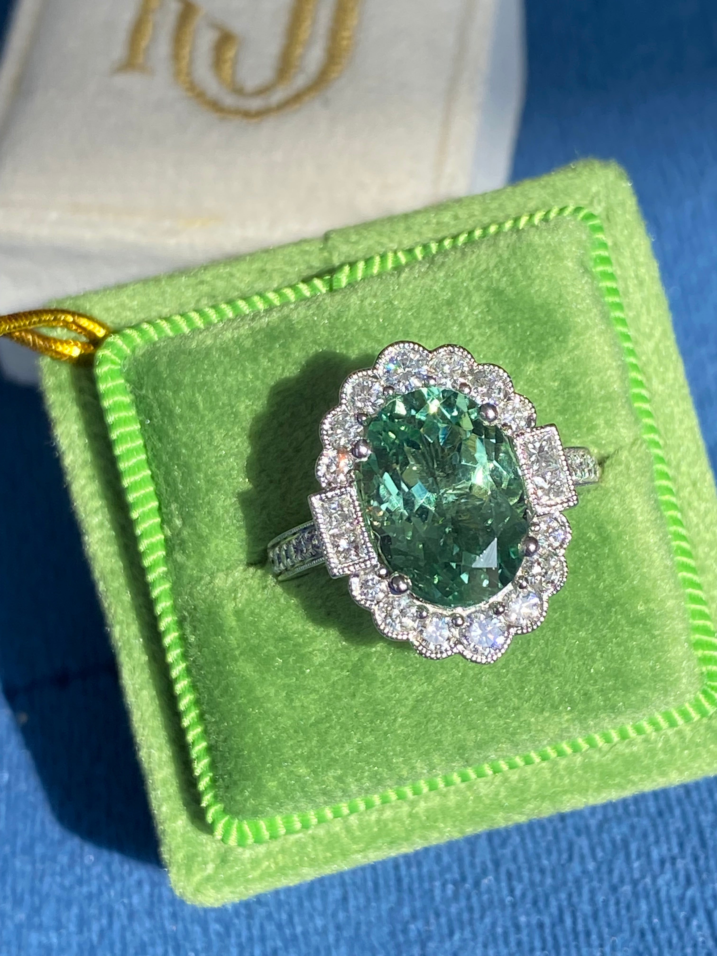 4.07 Carat Oval Cut Mint Tourmaline and 0.80 CTW Natural Diamond Ring in Platinum
