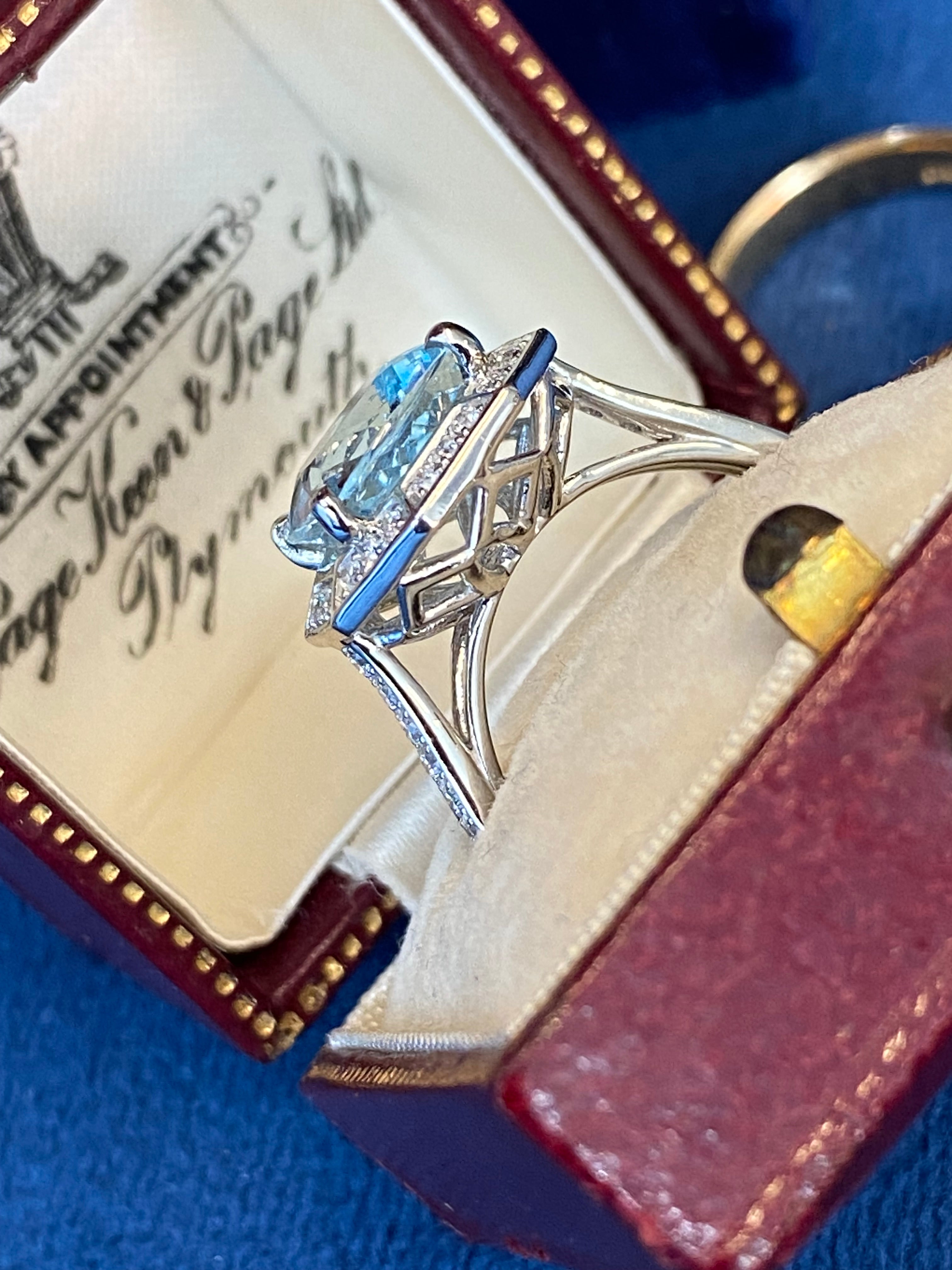 3.03 CTW Cushion Cut Art Deco Style Aquamarine and Natural Diamond Halo Engagement Ring in Platinum