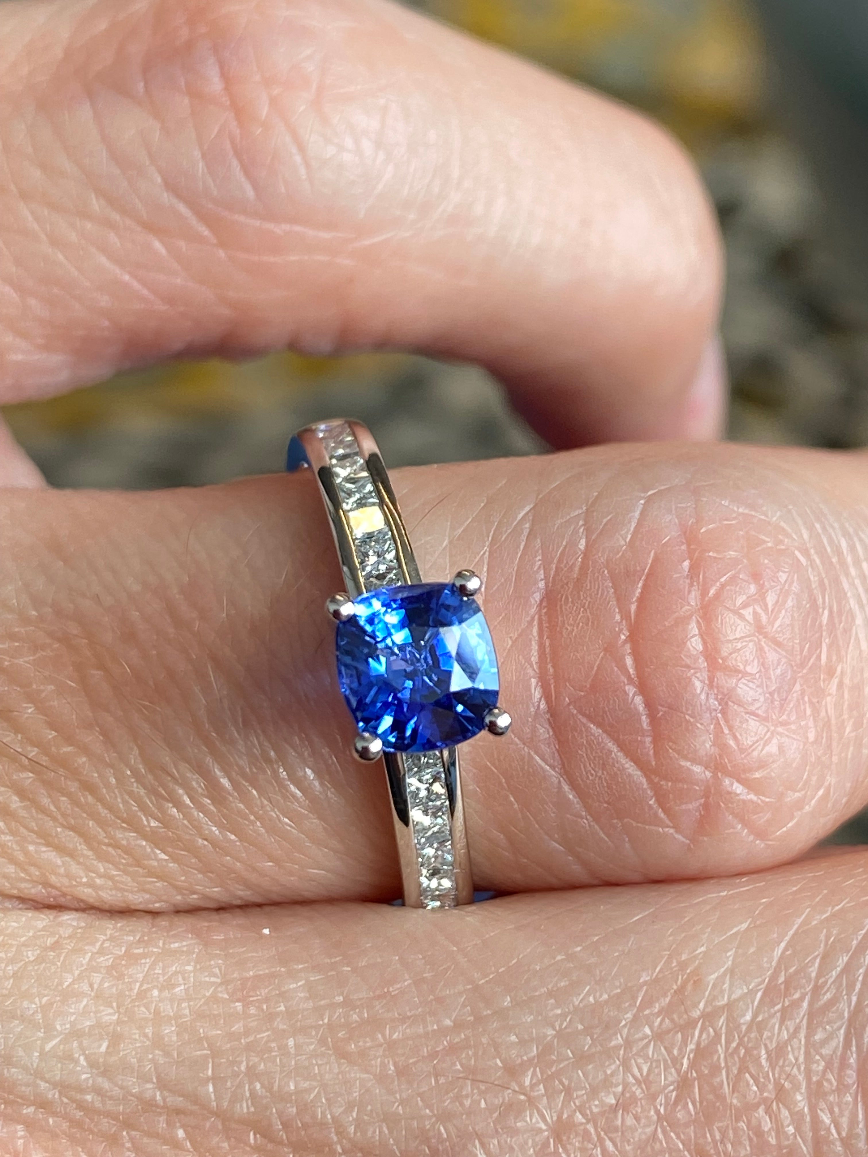 1.02 Carat Cushion Cut Blue Ceylon Sapphire Solitaire Style Engagement Ring in Platinum