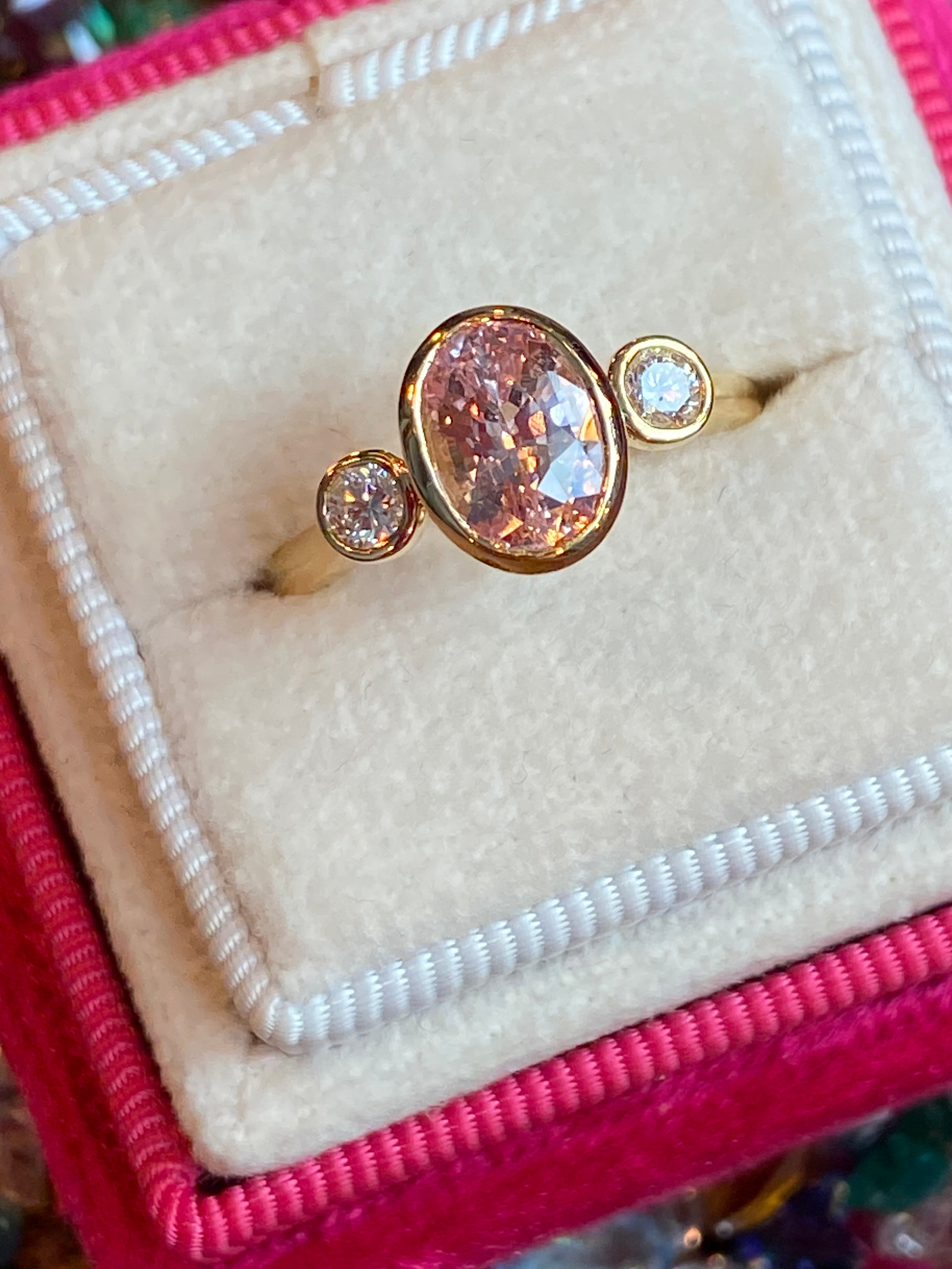 2.02 CTW Peach Sapphire and Natural Diamond Three Stone Ring in 18ct Yellow Gold