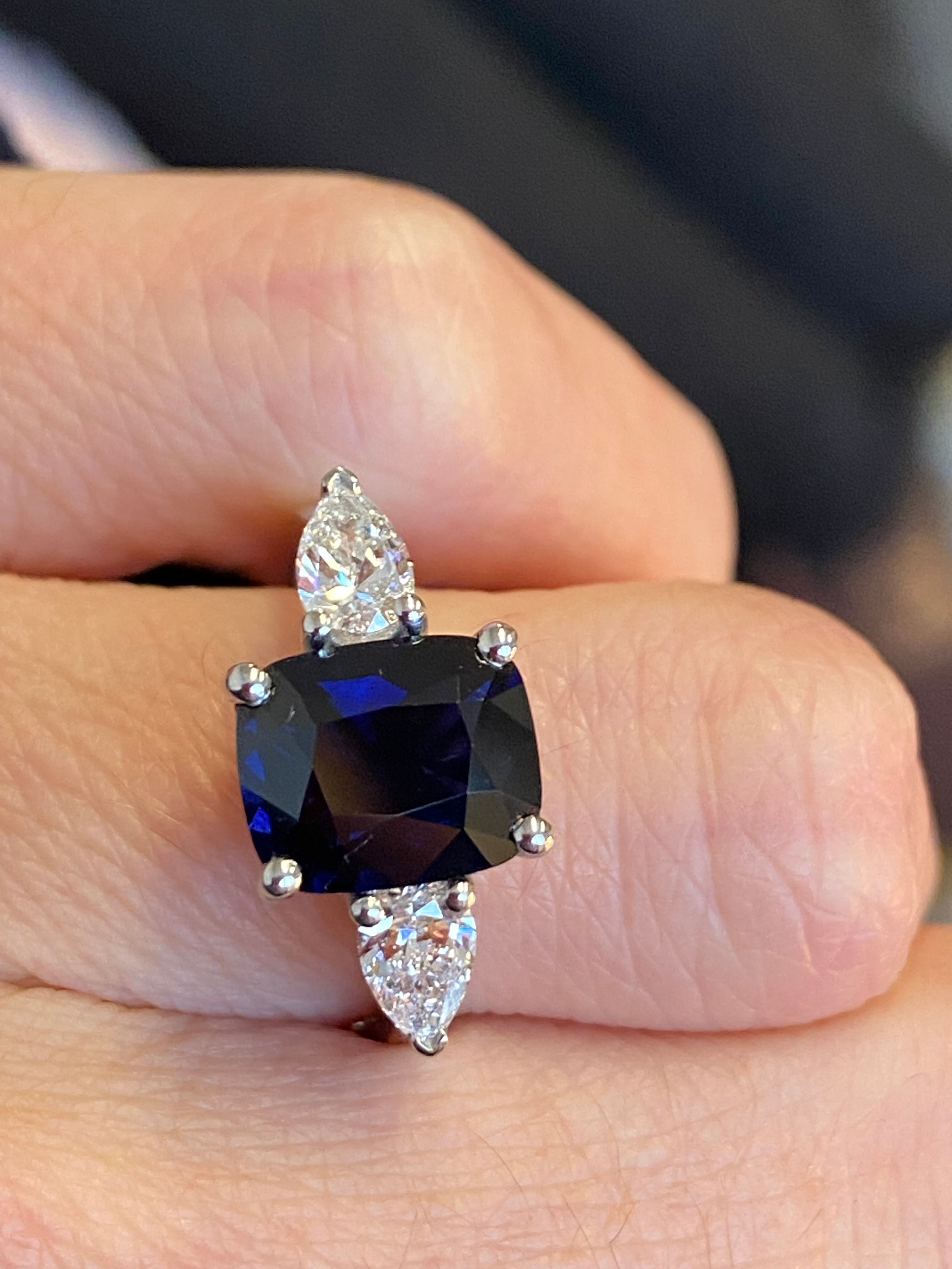 4.04 CTW Deep Blue Ceylon Sapphire and Natural Diamond Three Stone Engagement Ring in Platinum