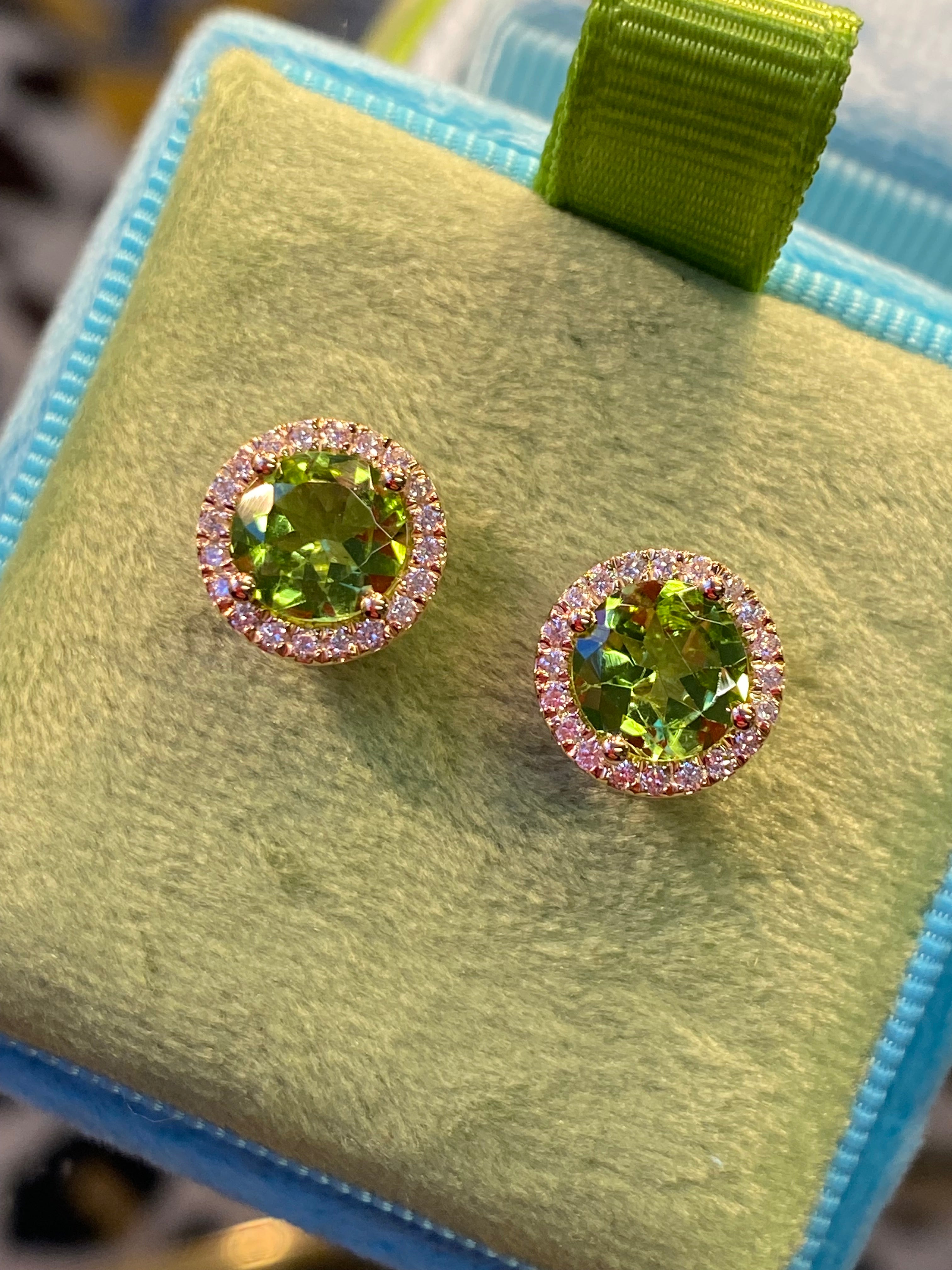 Round Cut Peridot and Natural Diamond Stud Earrings in 9ct Yellow Gold