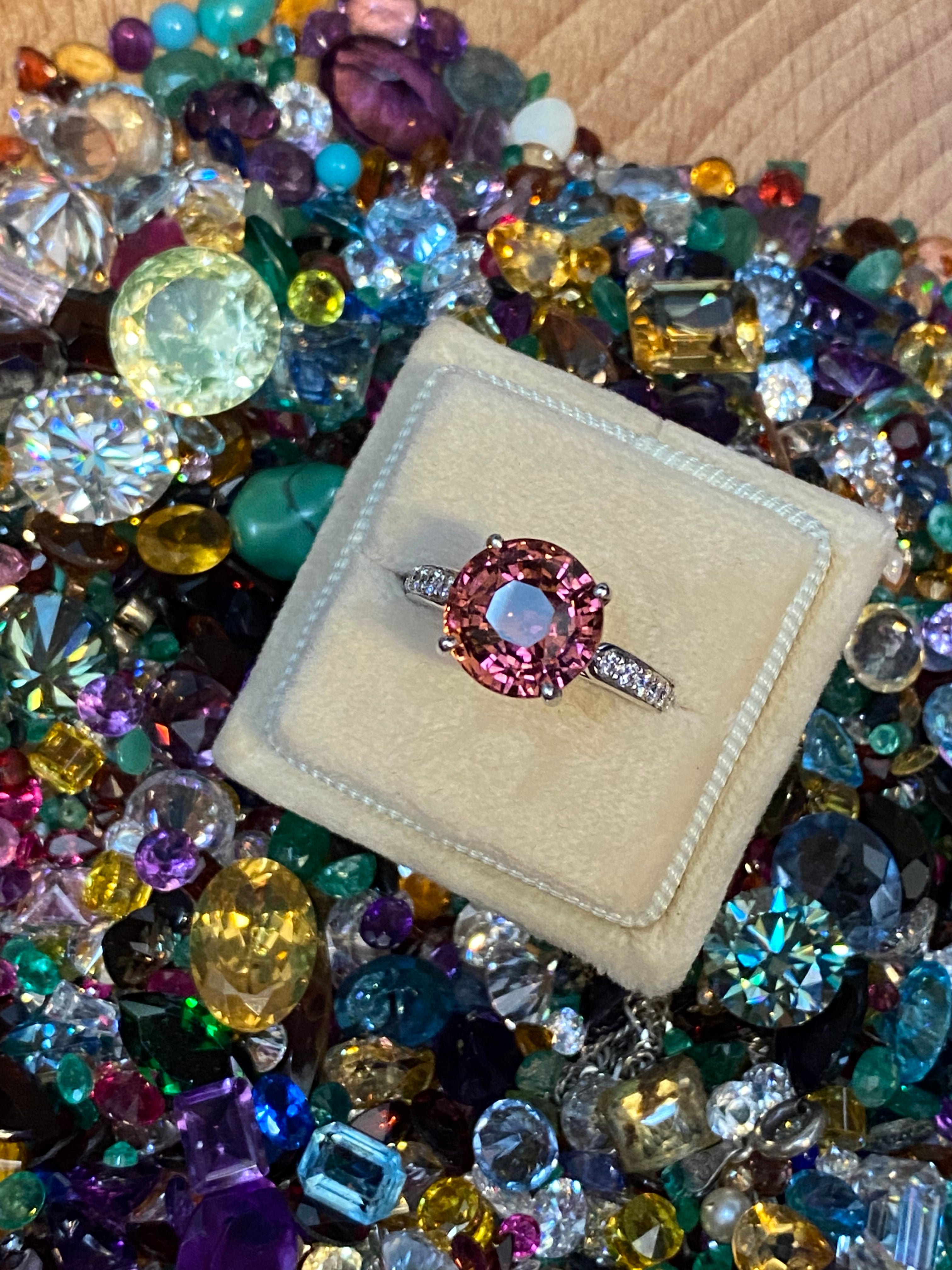 5.09 Carat Round Cut Pink Tourmaline and Natural Diamond Engagement Ring in Platinum