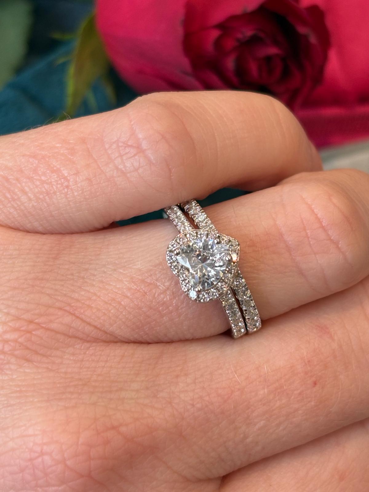 Heart Shape Moissanite Halo Engagement and Wedding / Eternity Ring Set in Sterling Silver