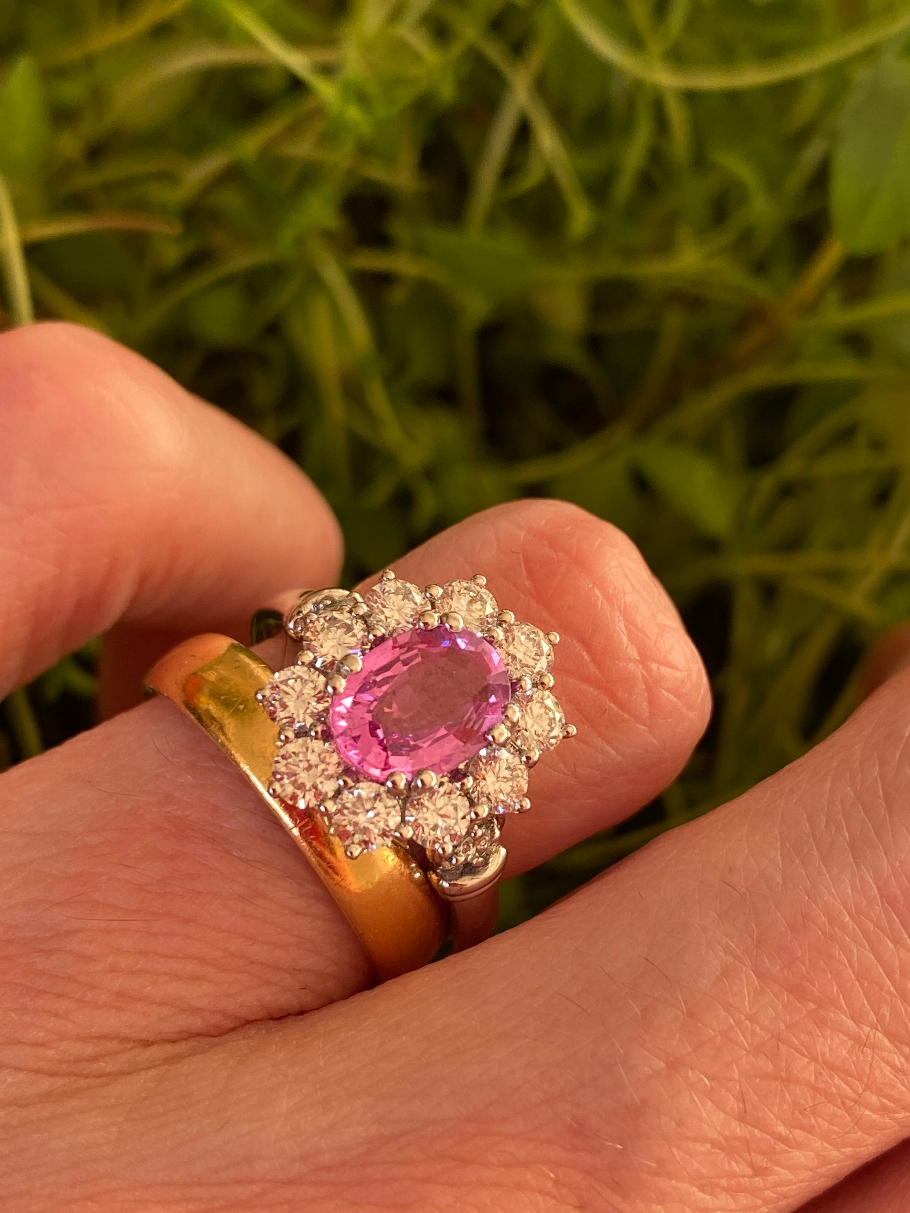 2.65 CTW Oval Cut Pink Sapphire and Natural Diamond Halo Ring in Platinum
