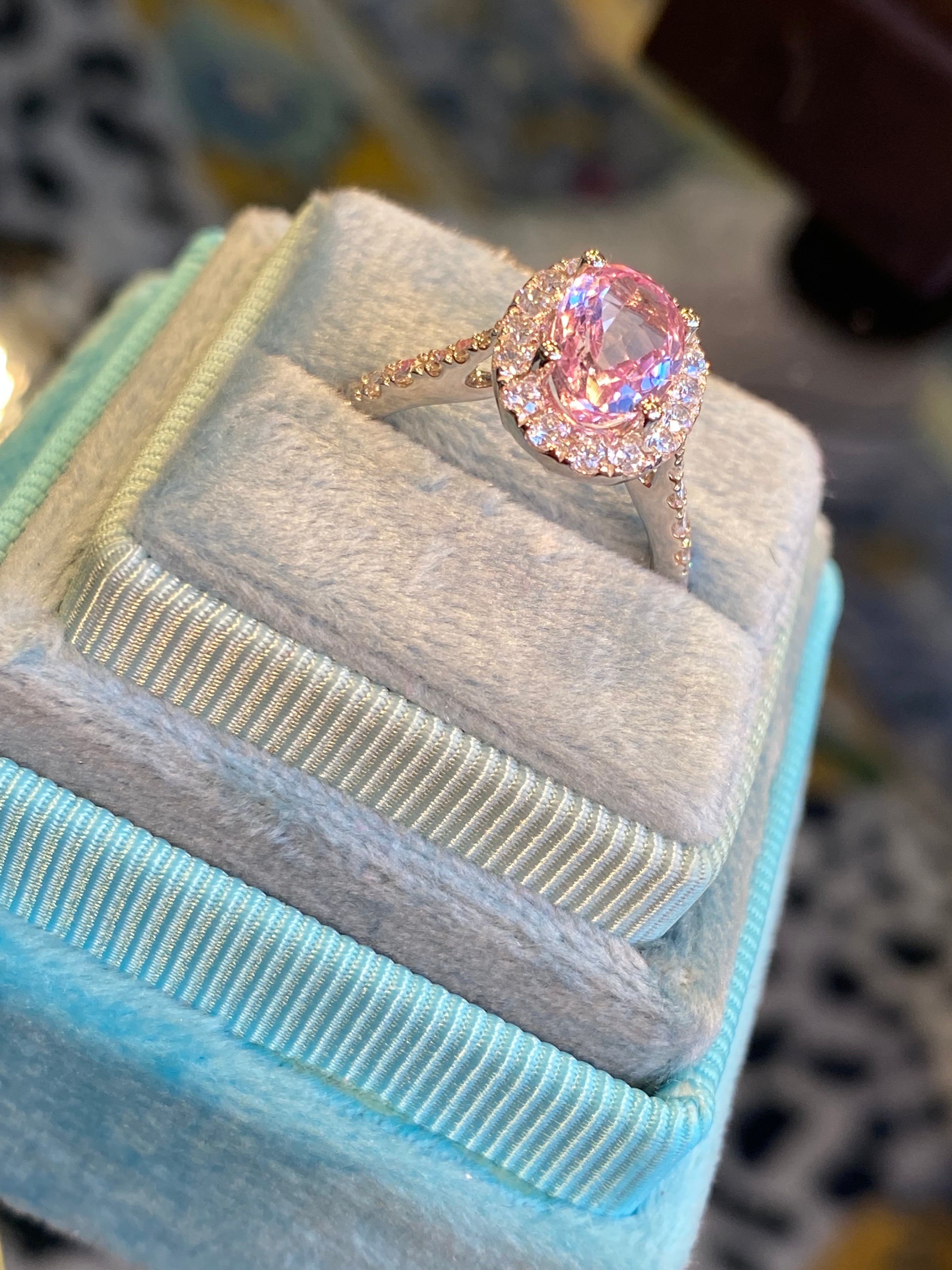 1.94 CTW Oval Cut Pink Topaz and Natural Diamond Halo Ring in Platinum
