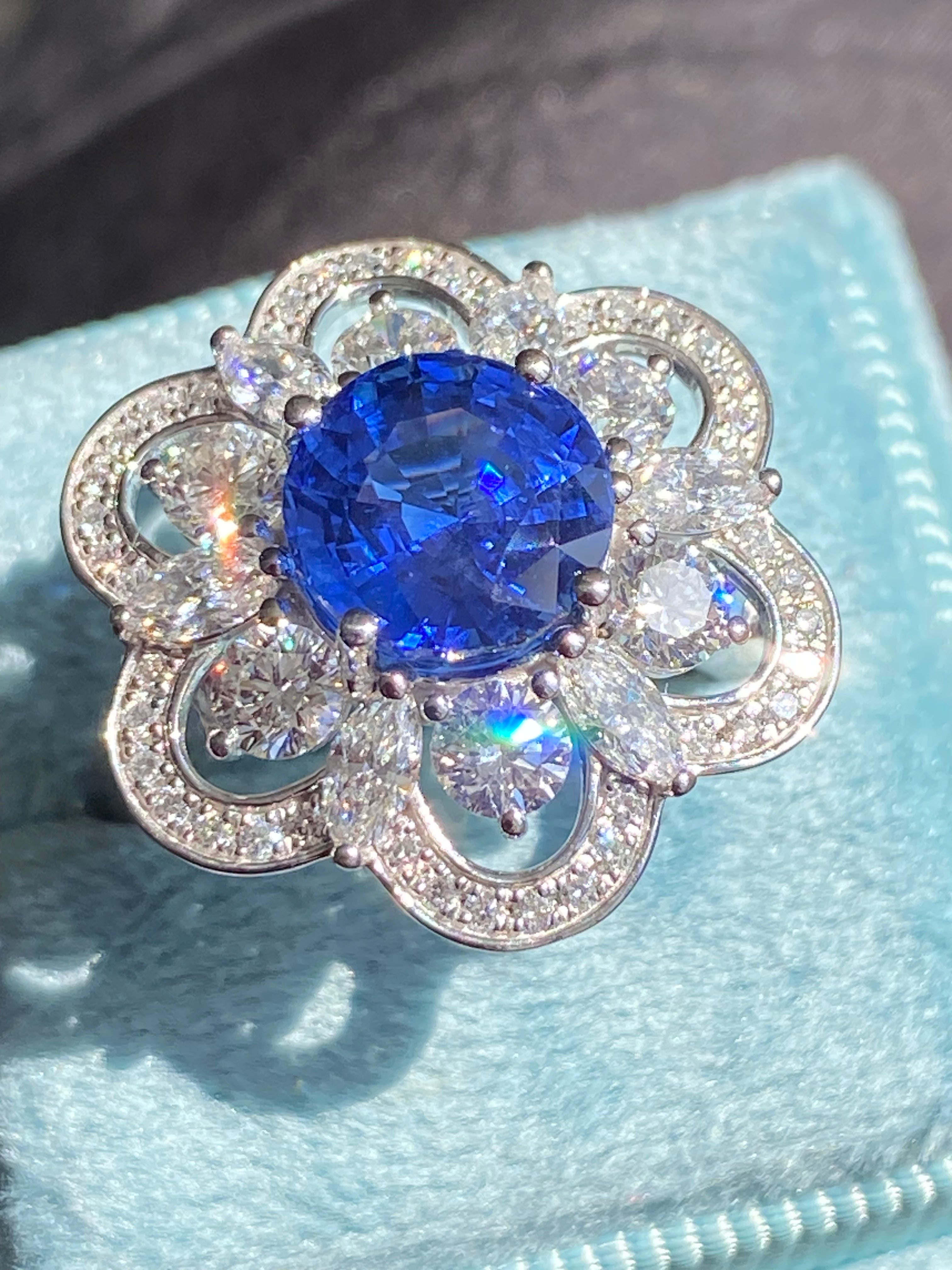 Masterpiece Showstopper 5.44 CTW Ceylon Sapphire and Natural Diamond Halo Cocktail Ring in Platinum