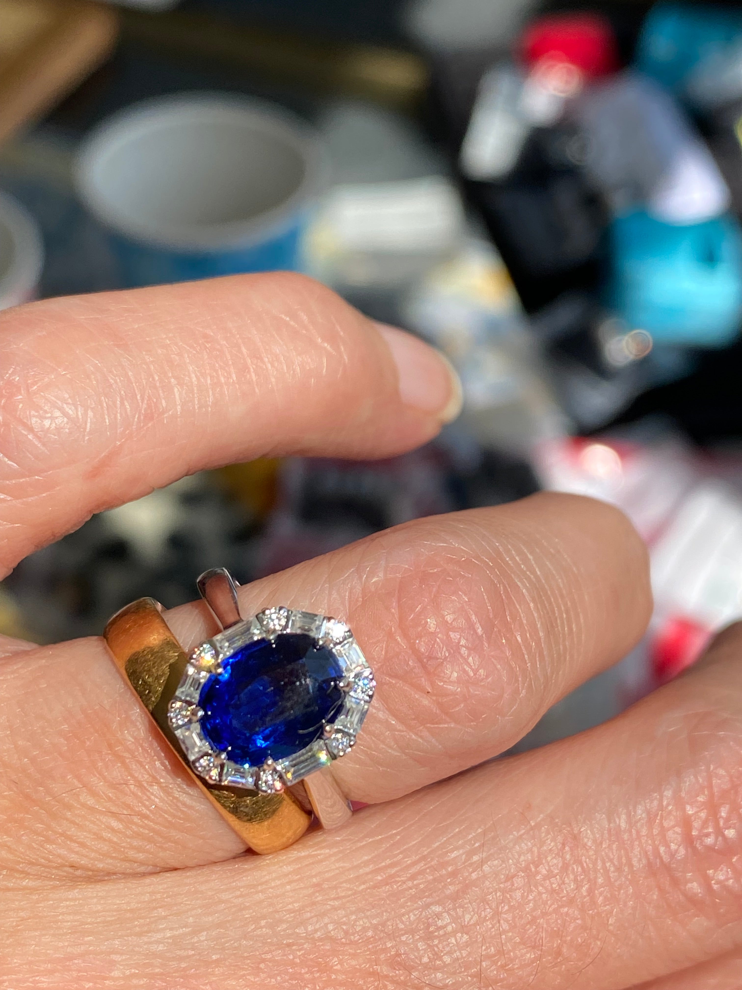 2.90 CTW Oval Cut Kyanite and Moissanite Halo Ring in Sterling Silver