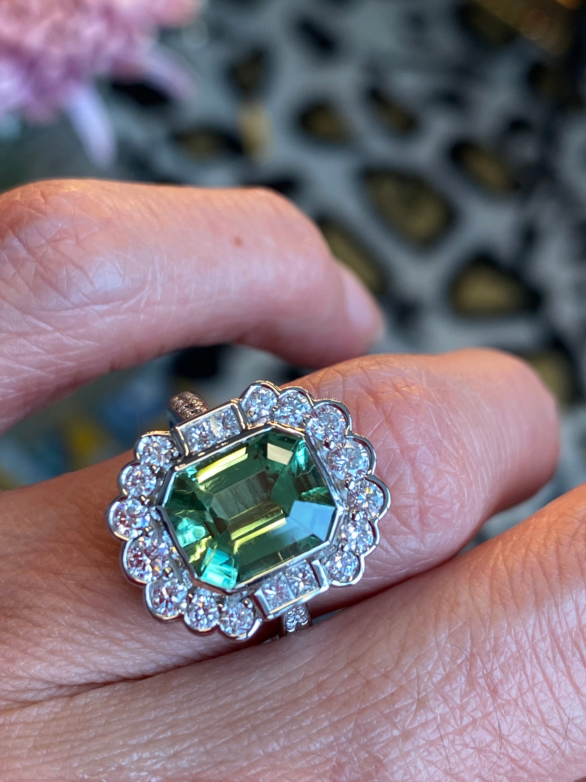 4.01 CTW Emerald Cut Mint Tourmaline and Natural Diamond Ring in Platinum