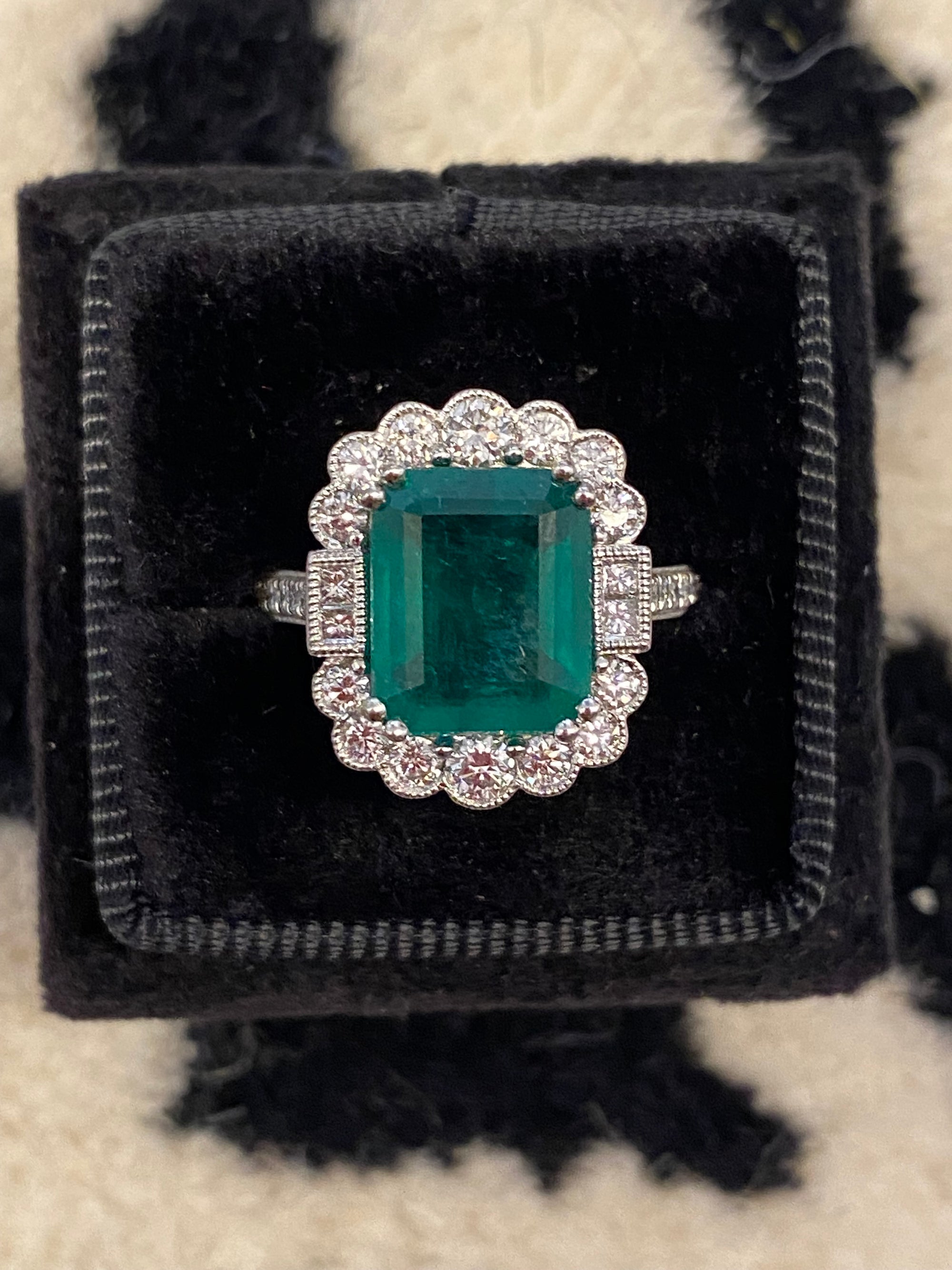 3.88 Carat Emerald and Natural Diamond Halo Ring in Platinum