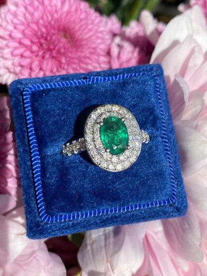 2.22 Ctw Emerald and Natural Diamond Double Halo Ring in Platinum