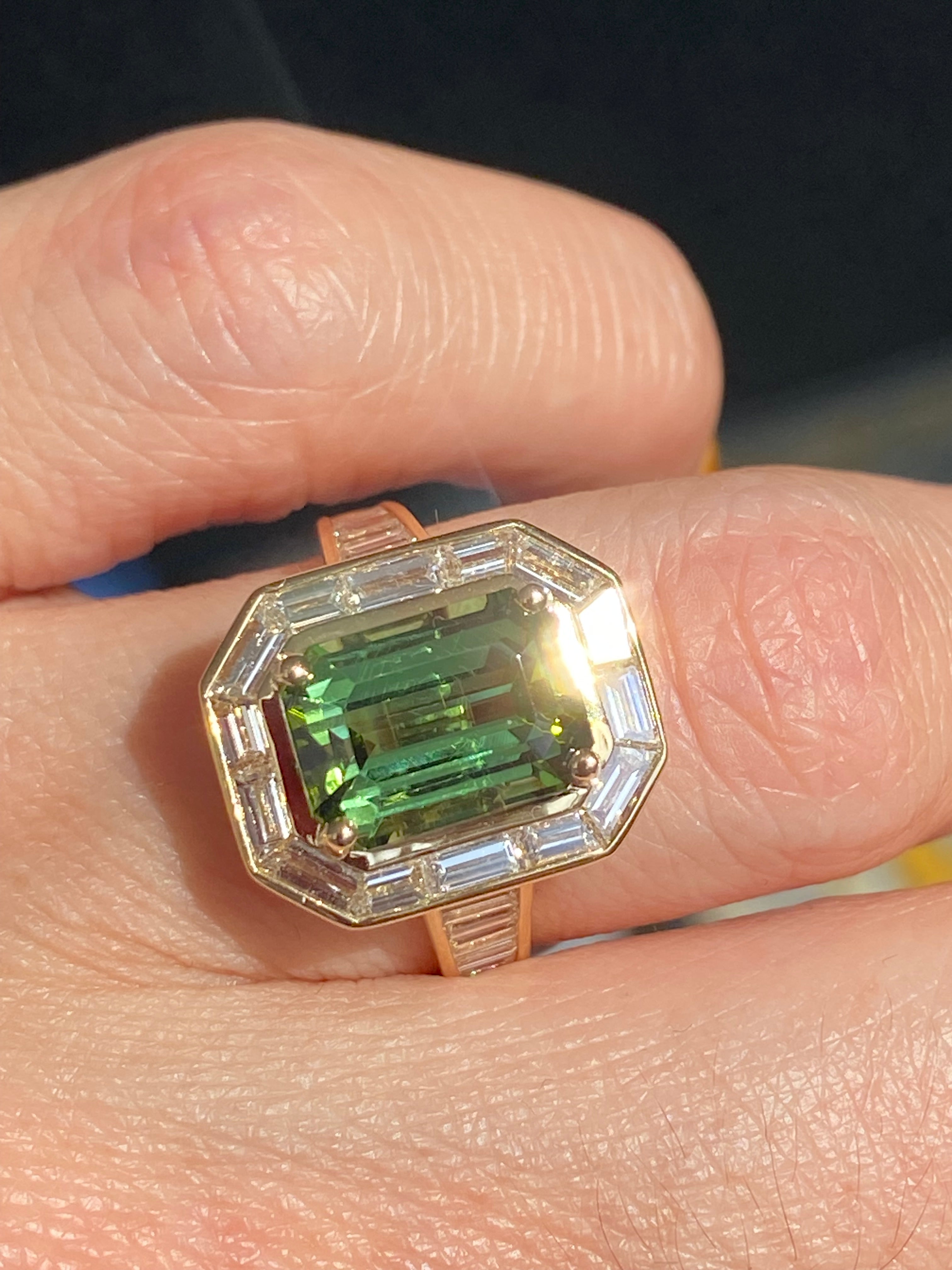 3.85 Carat Green Tourmaline and 1.84ctw Natural Diamond Ring in 18ct Yellow Gold