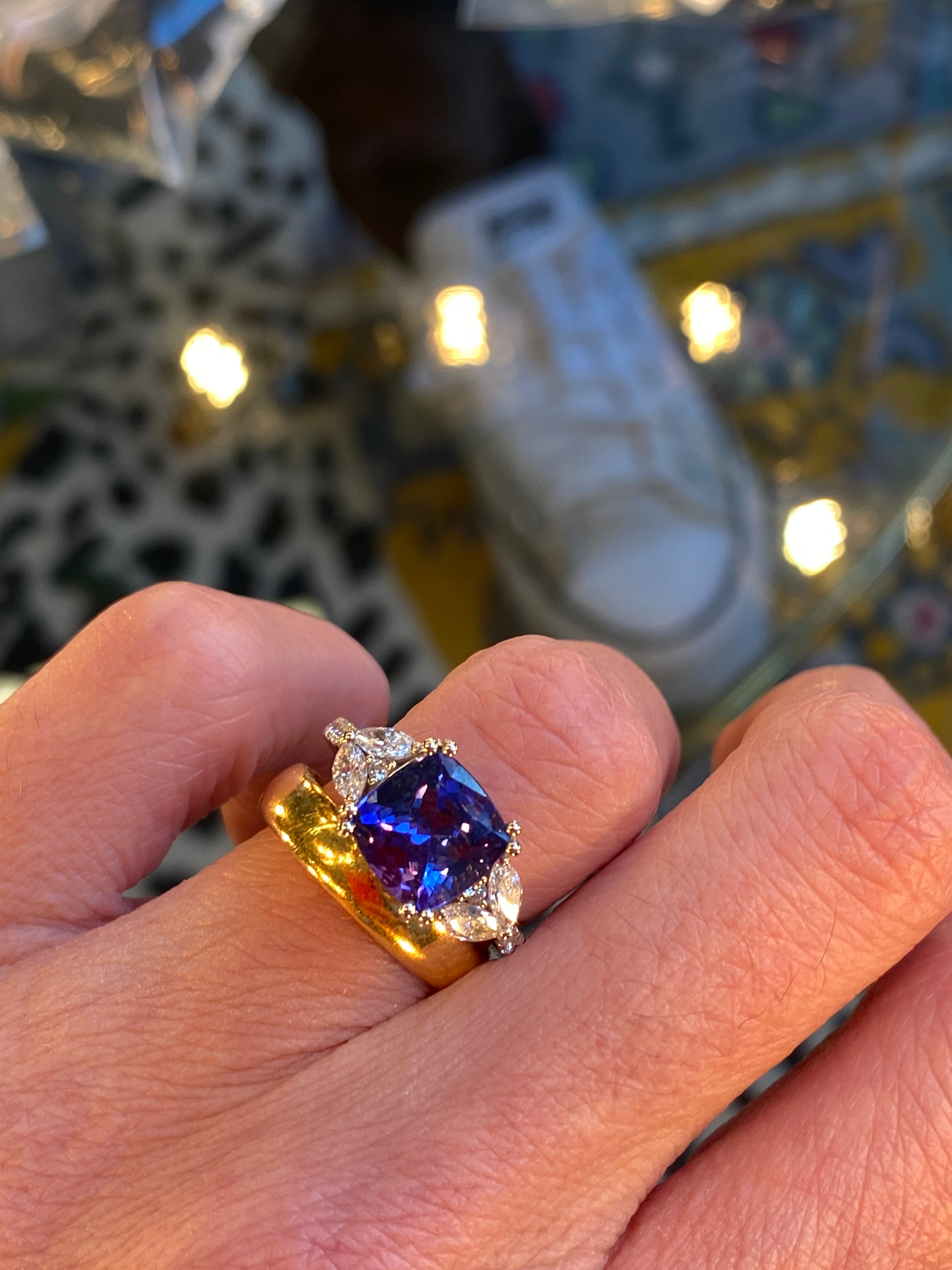 3.76 CTW Cushion Cut Tanzanite and Diamond Ring in Platinum
