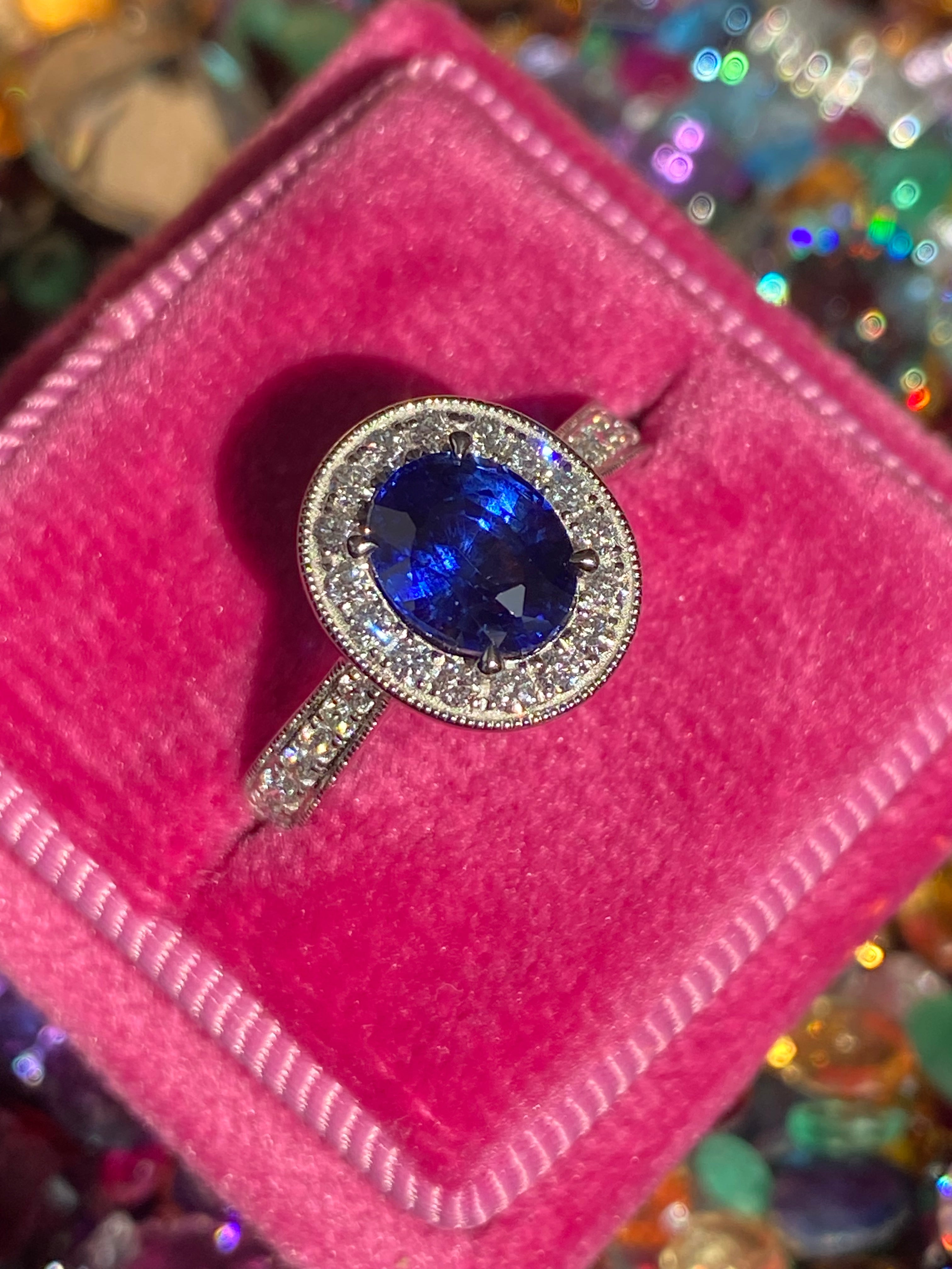 2.14 CTW Blue Ceylon Sapphire and Natural Diamond Halo Ring in Platinum