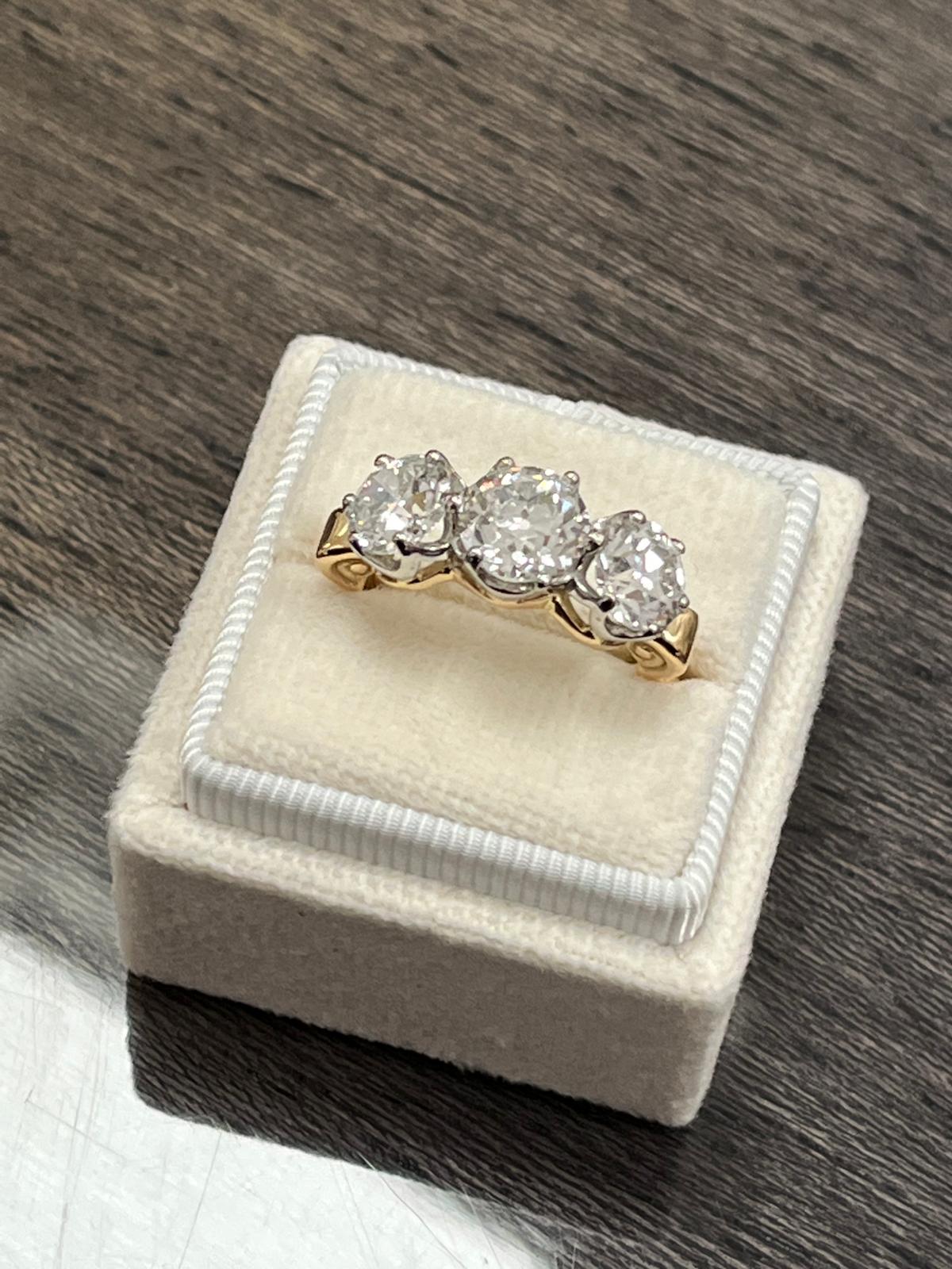 Heritage 4.00 CT + Old Cut Lab Grown Diamond Three Stone Trilogy Engagement Ring, at Least F Colour / VS Clarity