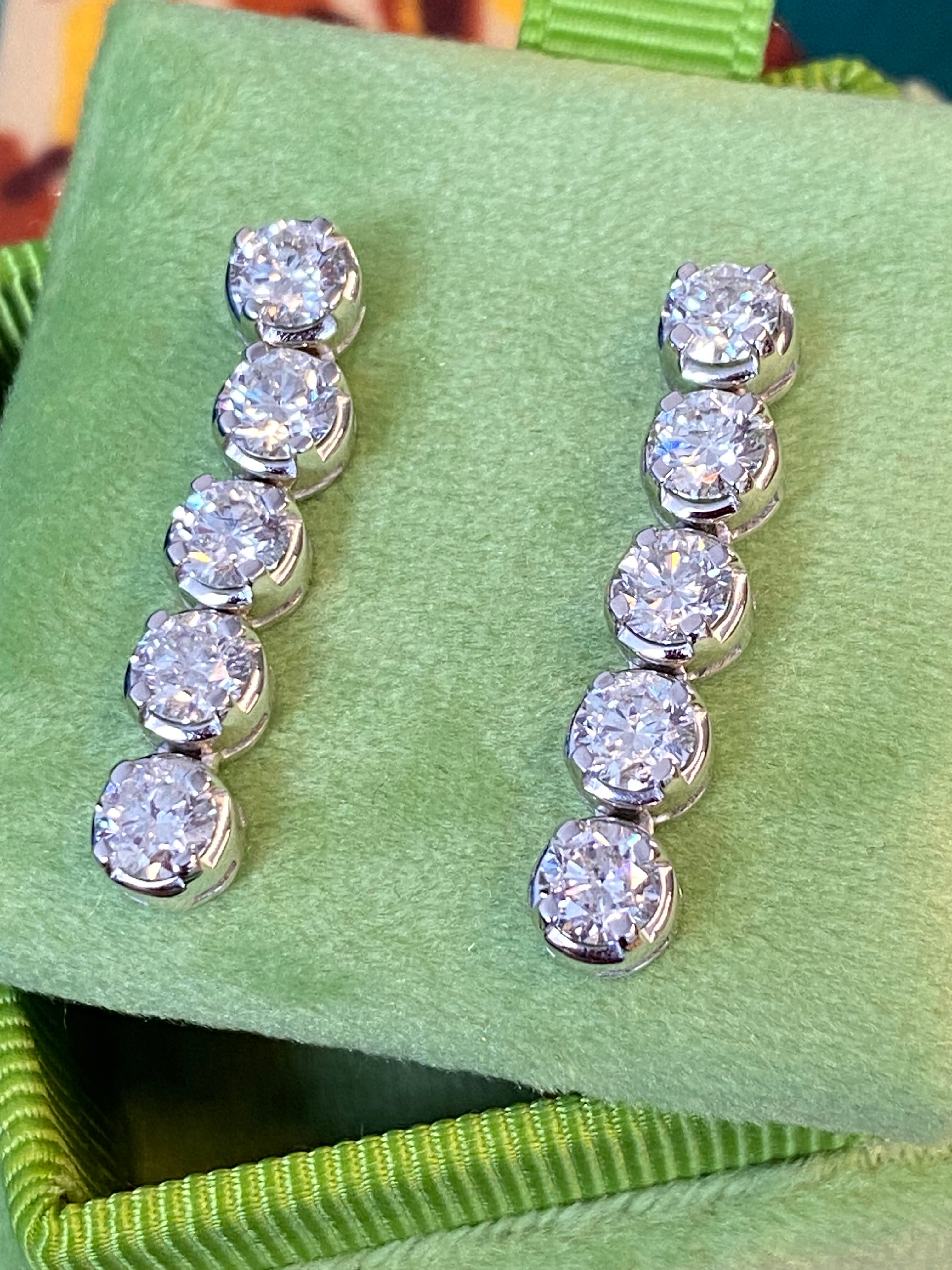 Spectacular 3.00 Carat Natural Diamond Five Stone Drop Earrings in 18ct White Gold