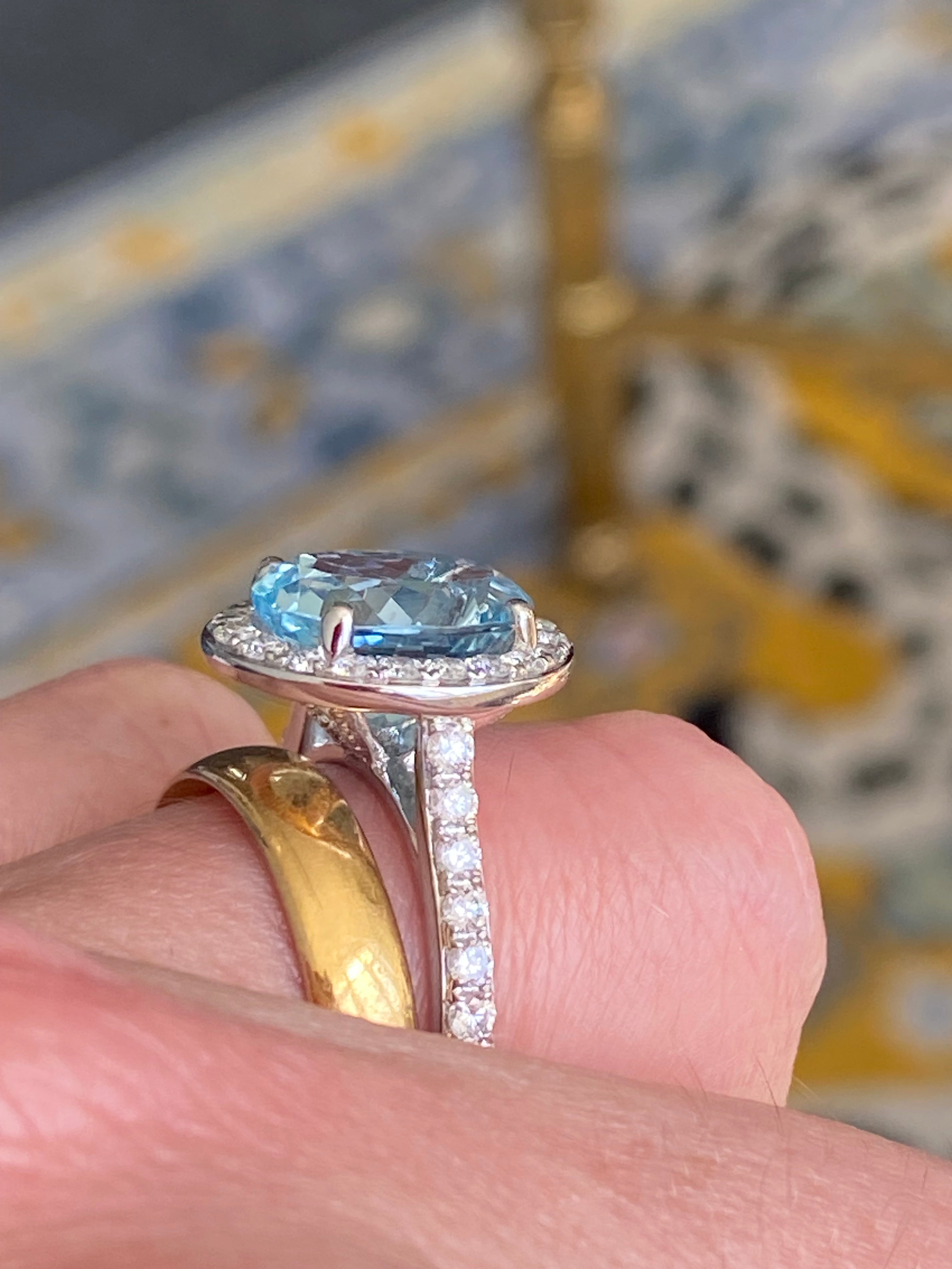 4.32 CTW Oval Cut Aquamarine and Natural Diamond Halo Engagement Ring in Platinum