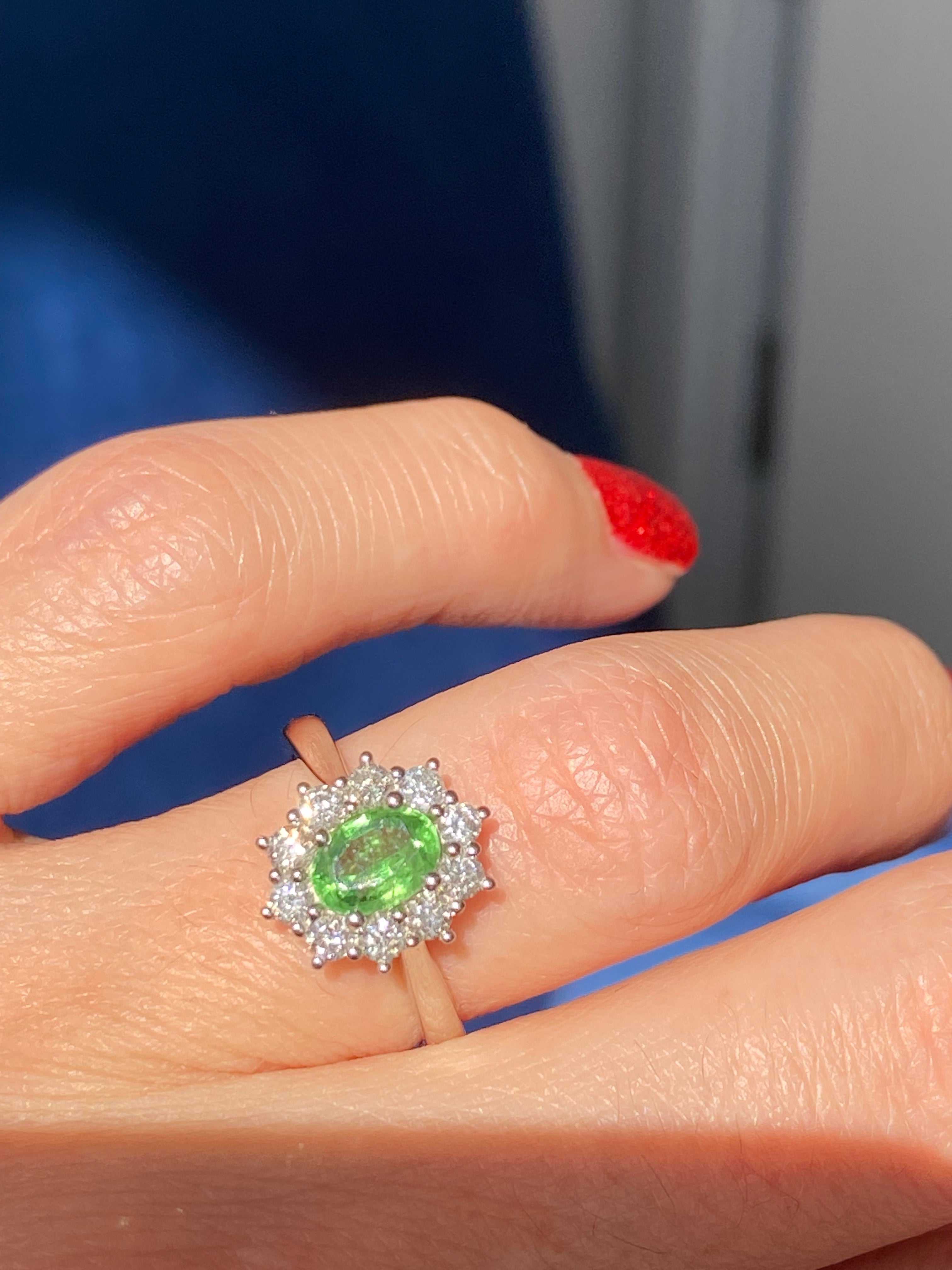 1.32 CTW Tsavorite Garnet and Natural Diamond Halo Ring in Platinum