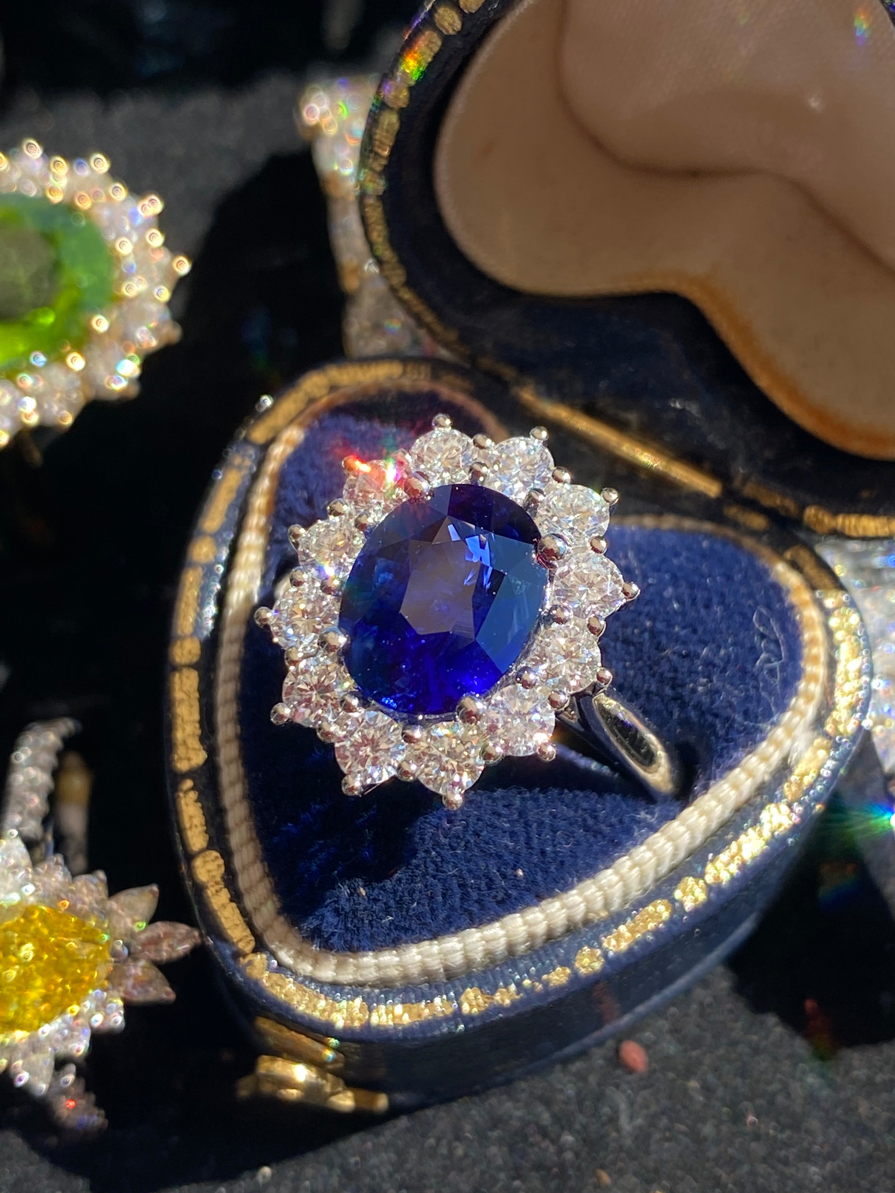 6.37 Carat Gubelin Certed Blue Ceylon Sapphire and 1.80 CTW Natural Diamond Halo Ring in Platinum