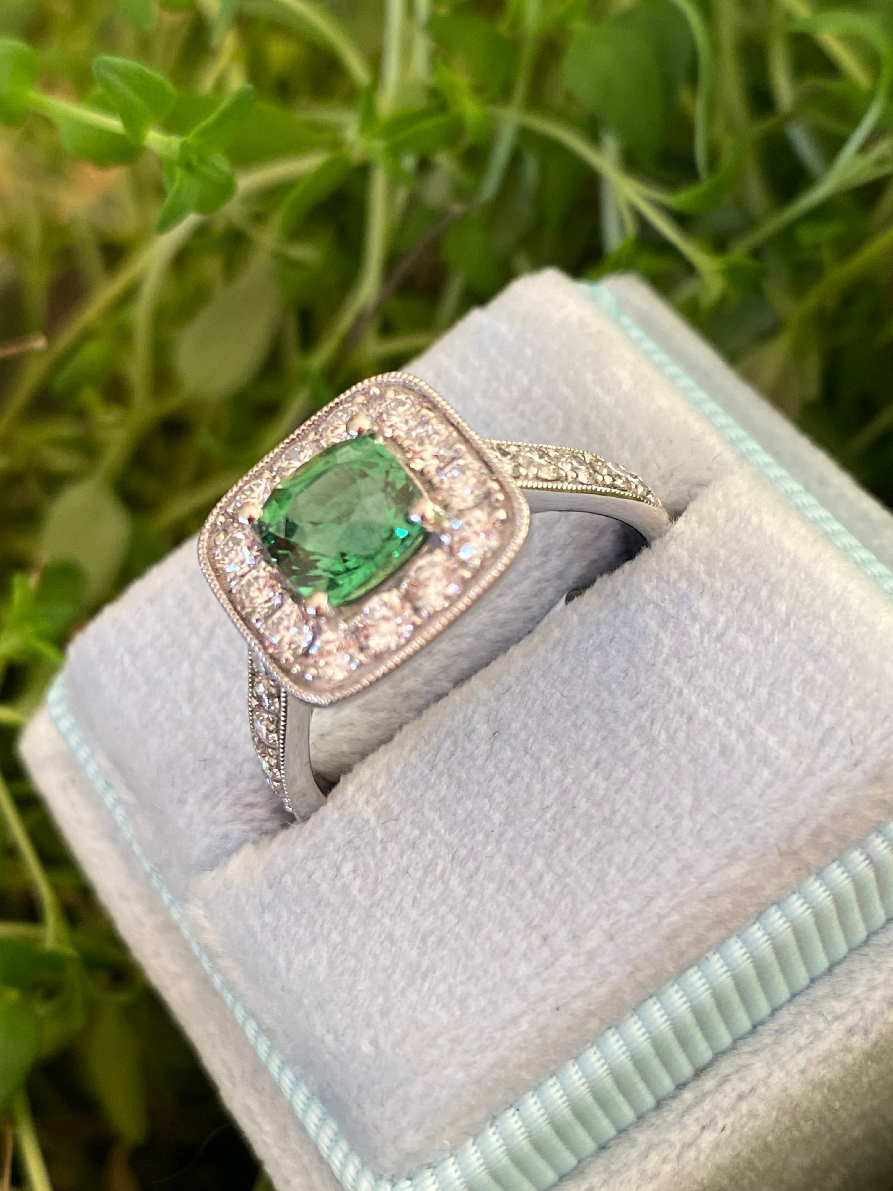 1.29 Carat Tsavorite Garnet and 0.72 Carat Diamond Halo Engagement Ring in Platinum