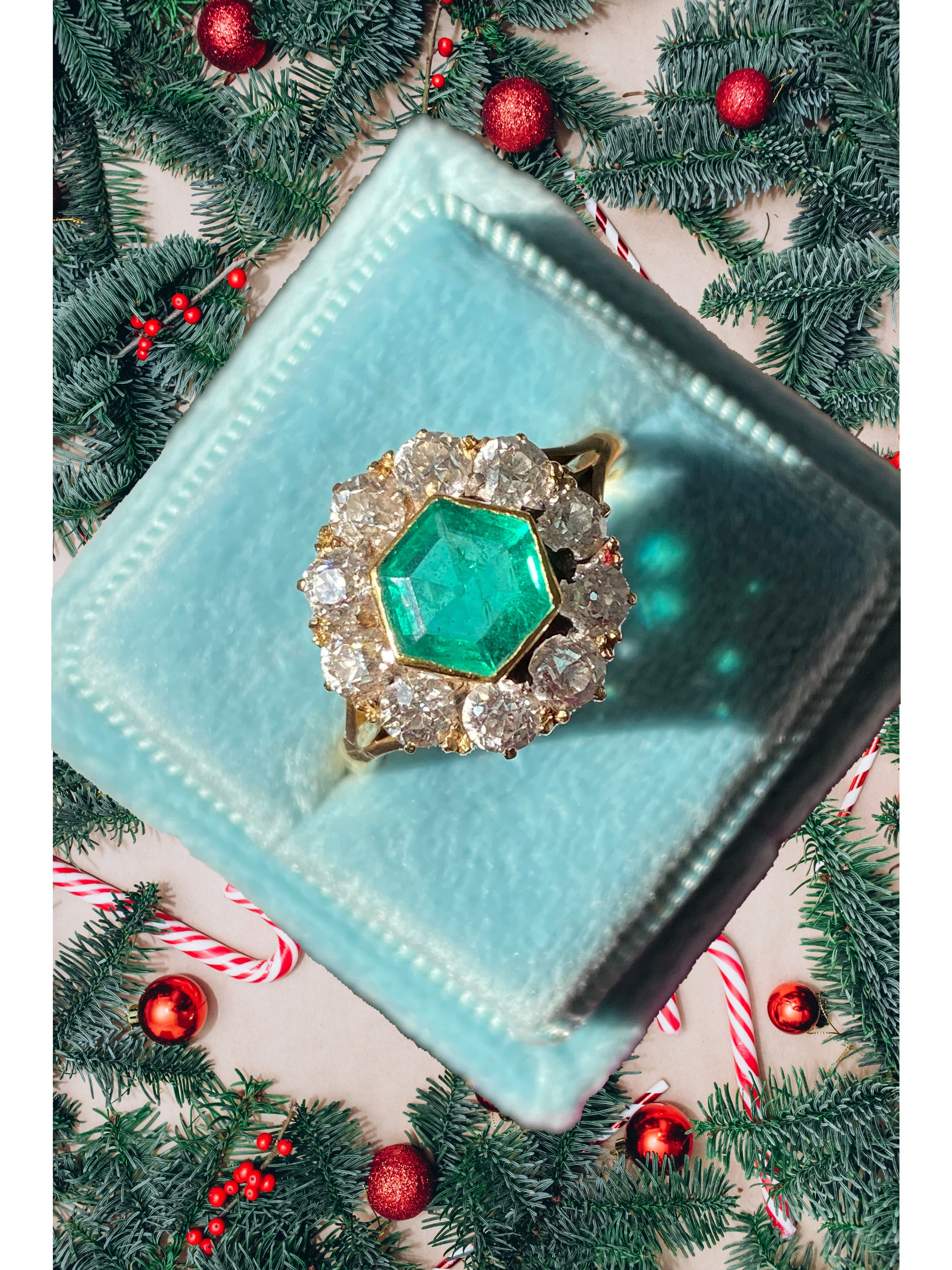 3.00 CTW Colombian Emerald and Old Cut Diamond Halo Ring in 18ct Yellow Gold