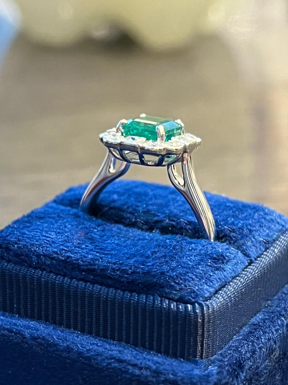 1.35 Carat Emerald and 0.49ctw Natural Diamond Ring in Platinum