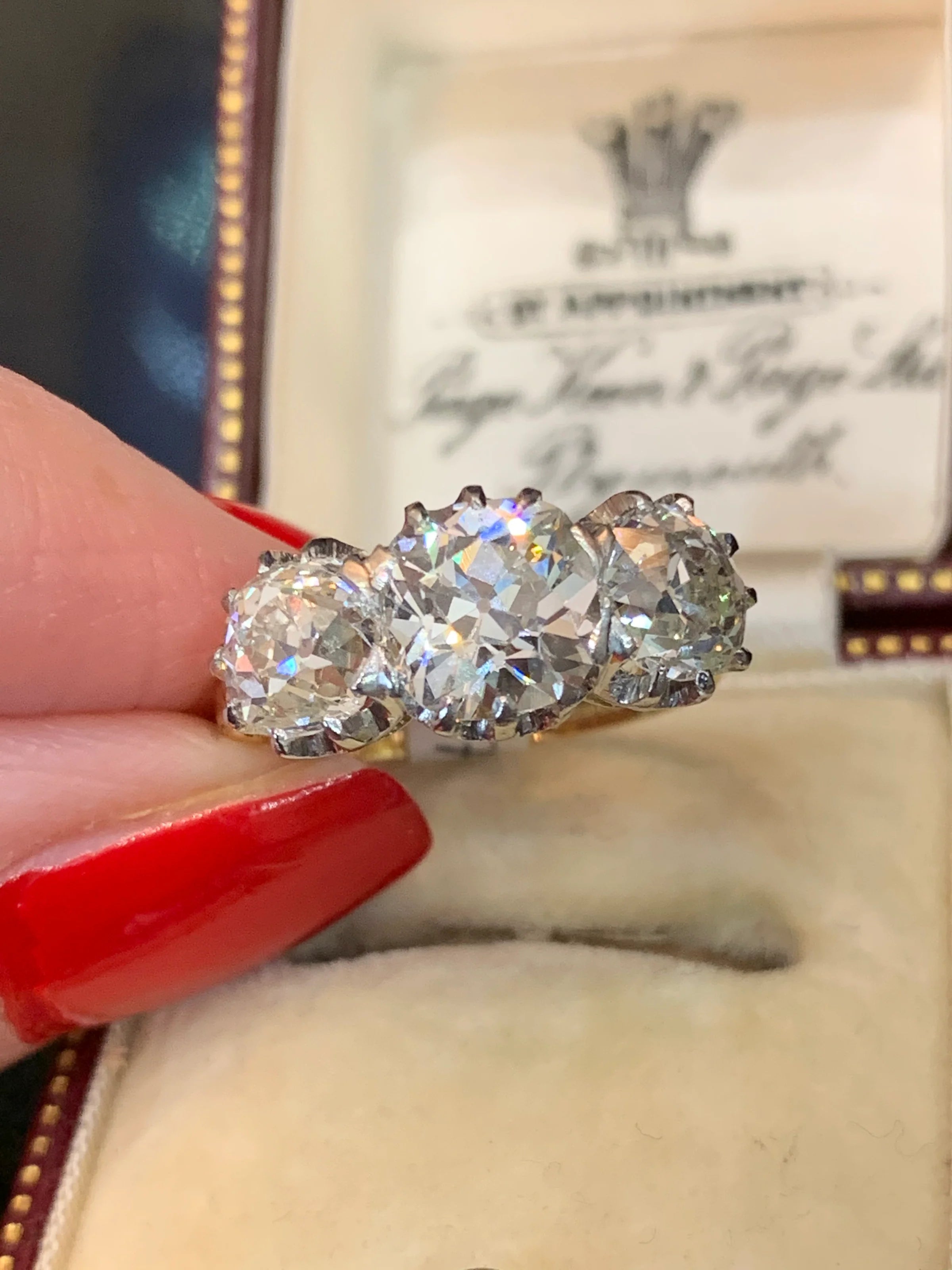 Heritage 4.00 CT + Old Cut Lab Grown Diamond Three Stone Trilogy Engagement Ring, at Least F Colour / VS Clarity