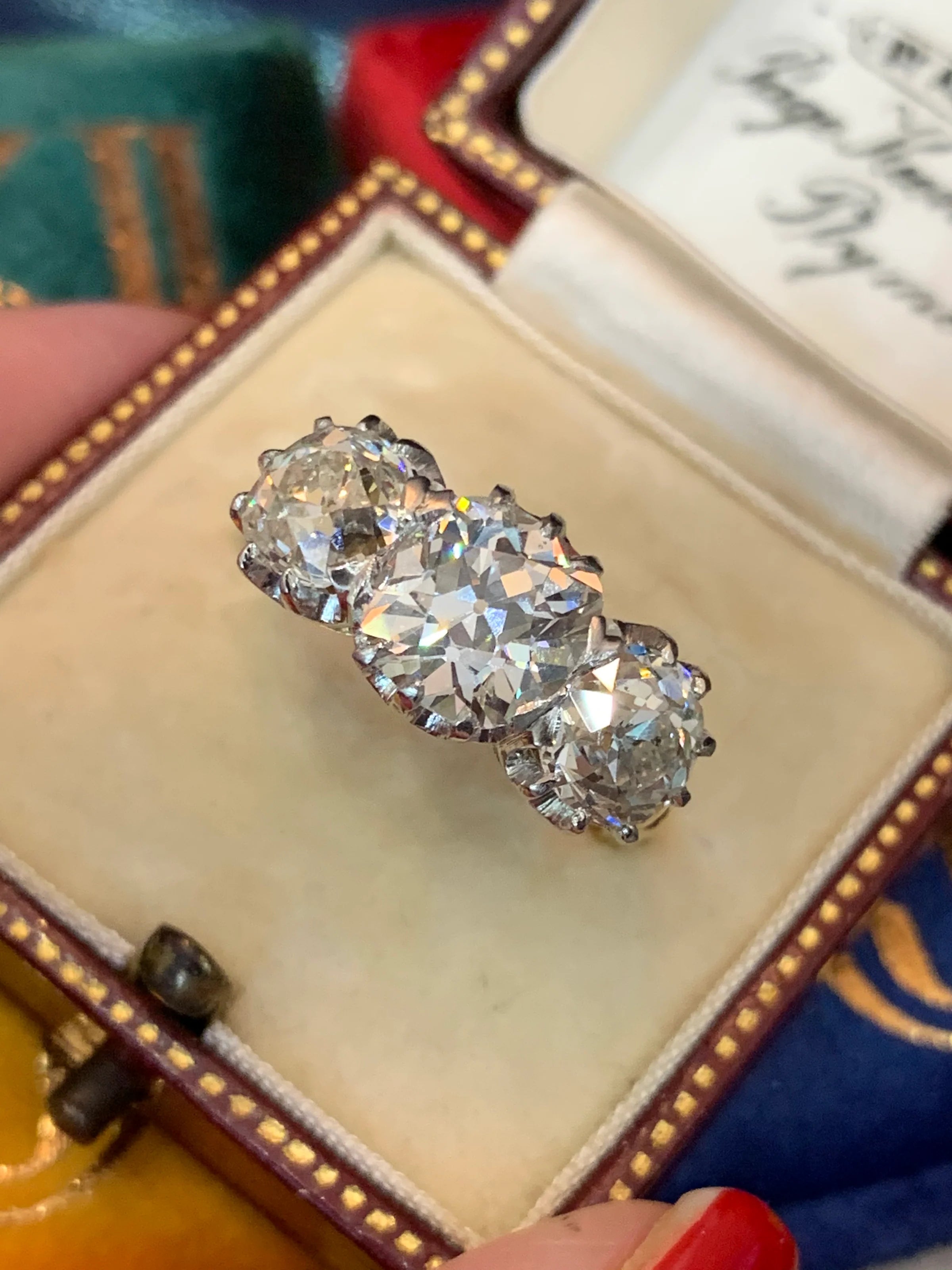 Heritage 4.00 CT + Old Cut Lab Grown Diamond Three Stone Trilogy Engagement Ring, at Least F Colour / VS Clarity