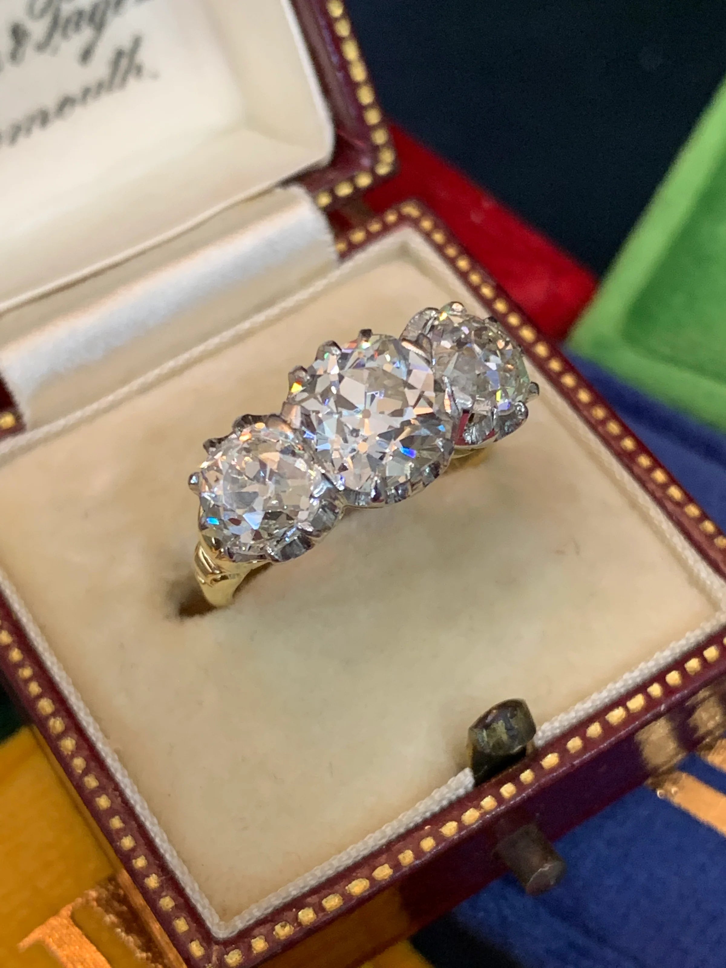 Heritage 4.00 CT + Old Cut Lab Grown Diamond Three Stone Trilogy Engagement Ring, at Least F Colour / VS Clarity