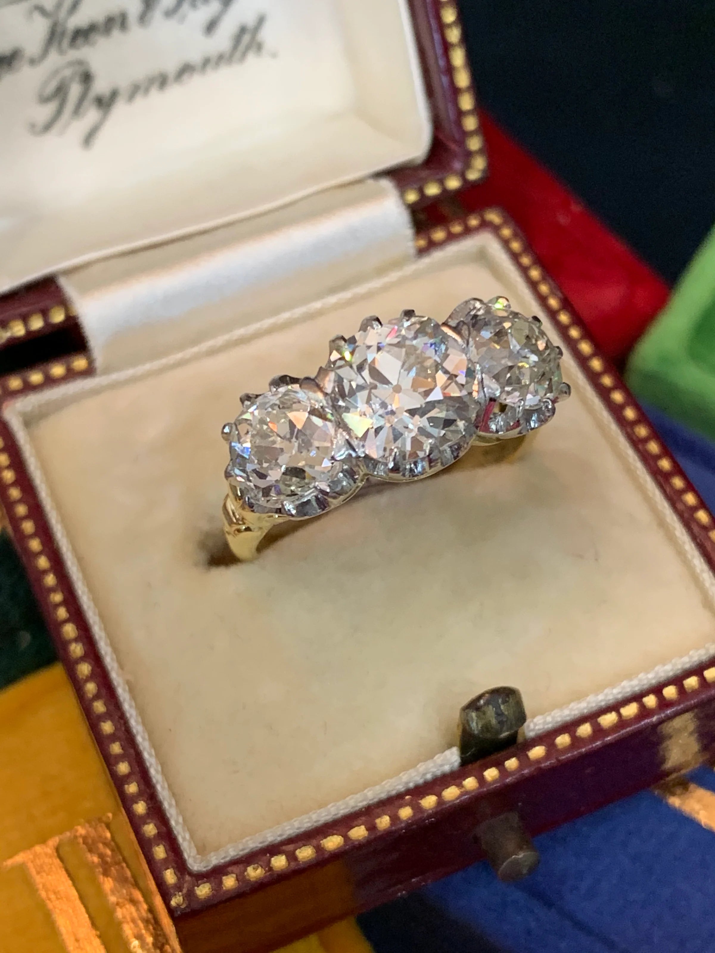 Heritage 4.00 CT + Old Cut Lab Grown Diamond Three Stone Trilogy Engagement Ring, at Least F Colour / VS Clarity