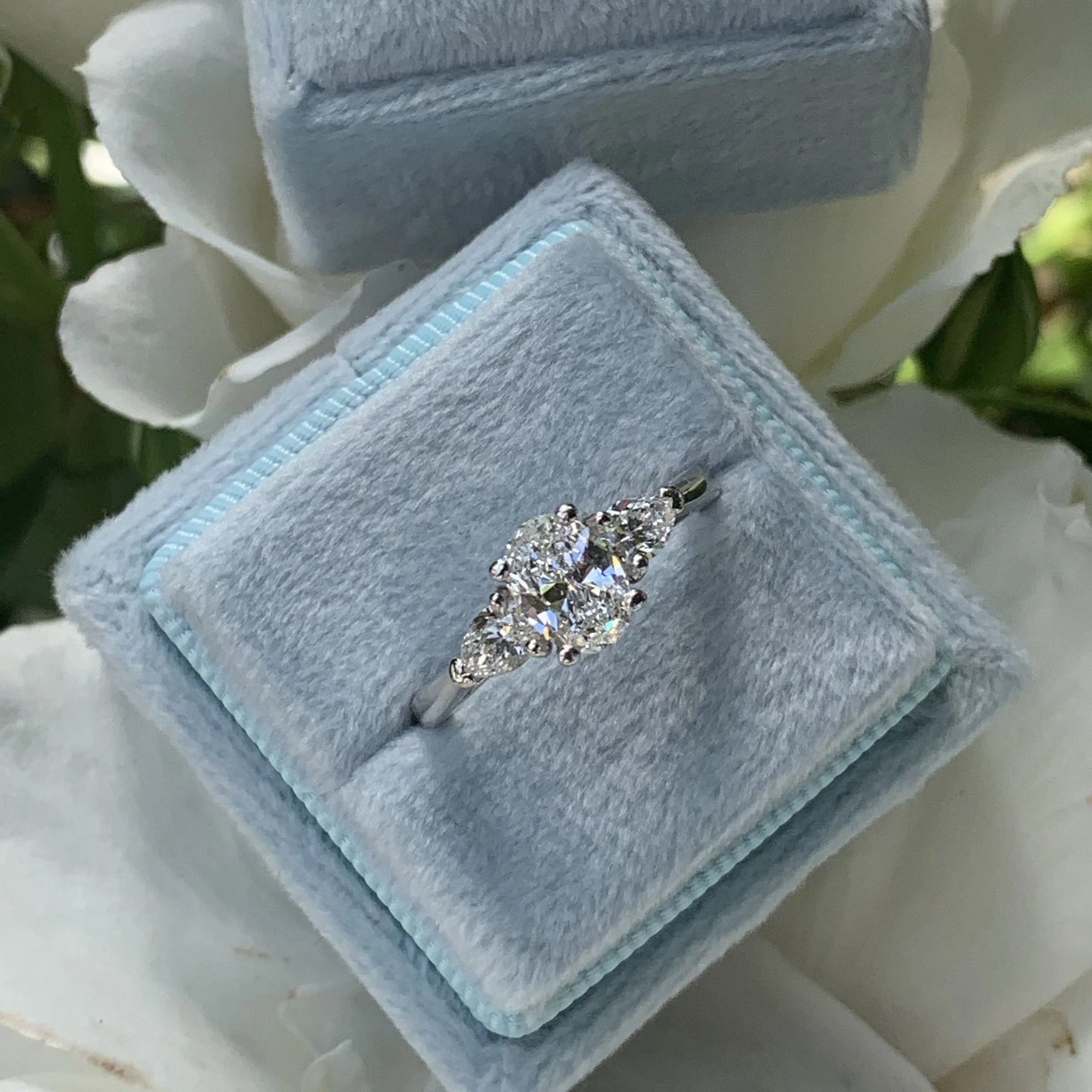 Heritage 1.60 CT + Oval and Pear Cut Lab Grown Diamond Three Stone Trilogy Engagement Ring, at Least F Colour / VVS Clarity