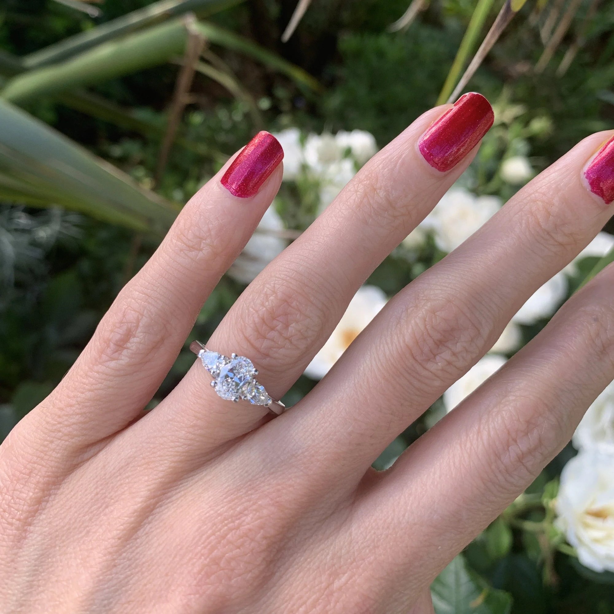 Heritage 1.60 CT + Oval and Pear Cut Lab Grown Diamond Three Stone Trilogy Engagement Ring, at Least F Colour / VVS Clarity
