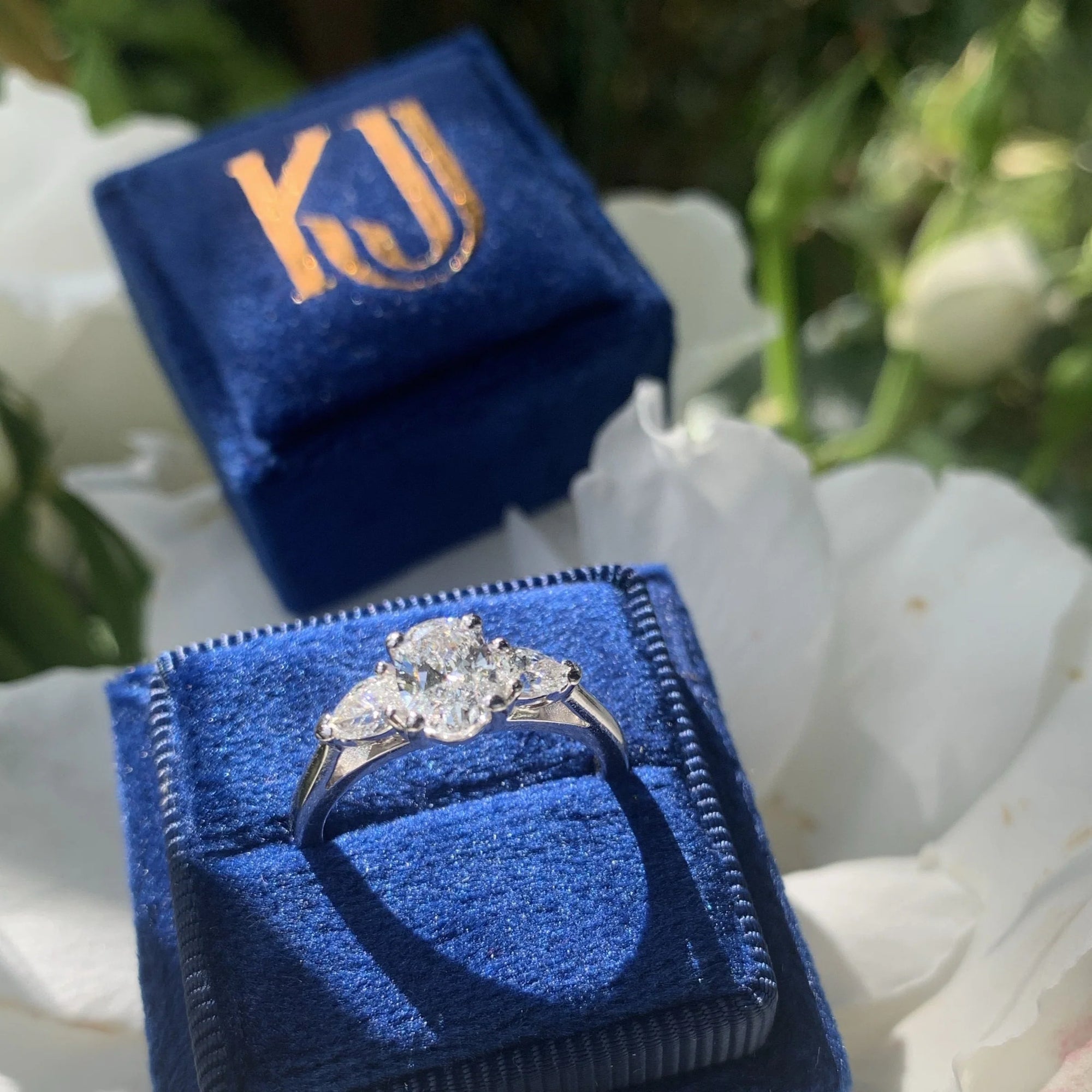 Heritage 1.60 CT + Oval and Pear Cut Lab Grown Diamond Three Stone Trilogy Engagement Ring, at Least F Colour / VVS Clarity