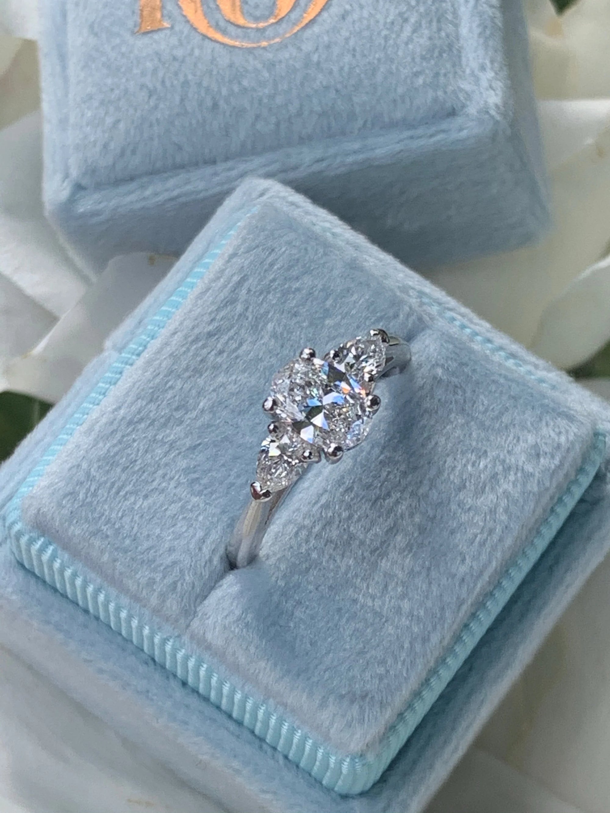 Heritage 1.60 CT + Oval and Pear Cut Lab Grown Diamond Three Stone Trilogy Engagement Ring, at Least F Colour / VVS Clarity