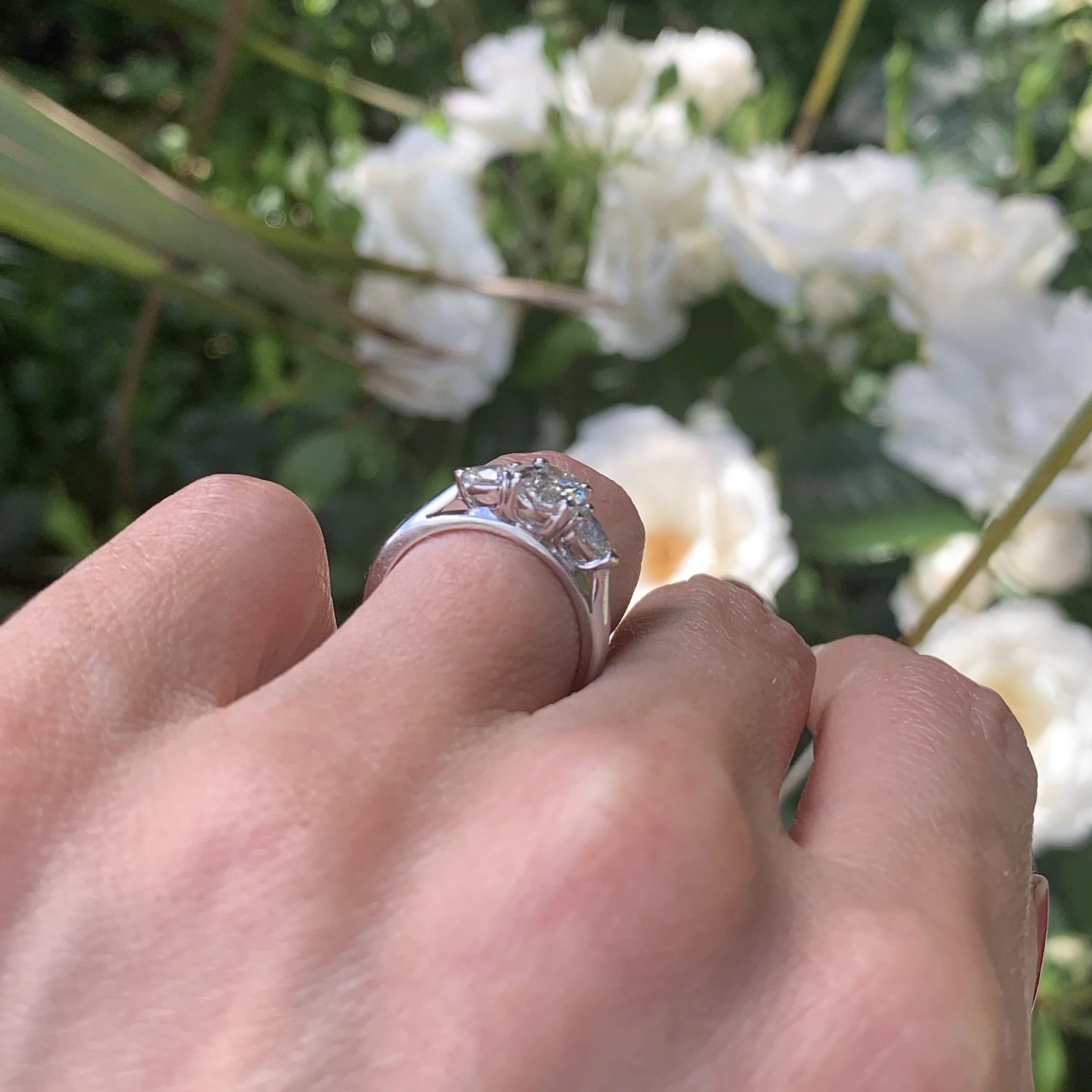Heritage 1.60 CT + Oval and Pear Cut Lab Grown Diamond Three Stone Trilogy Engagement Ring, at Least F Colour / VVS Clarity