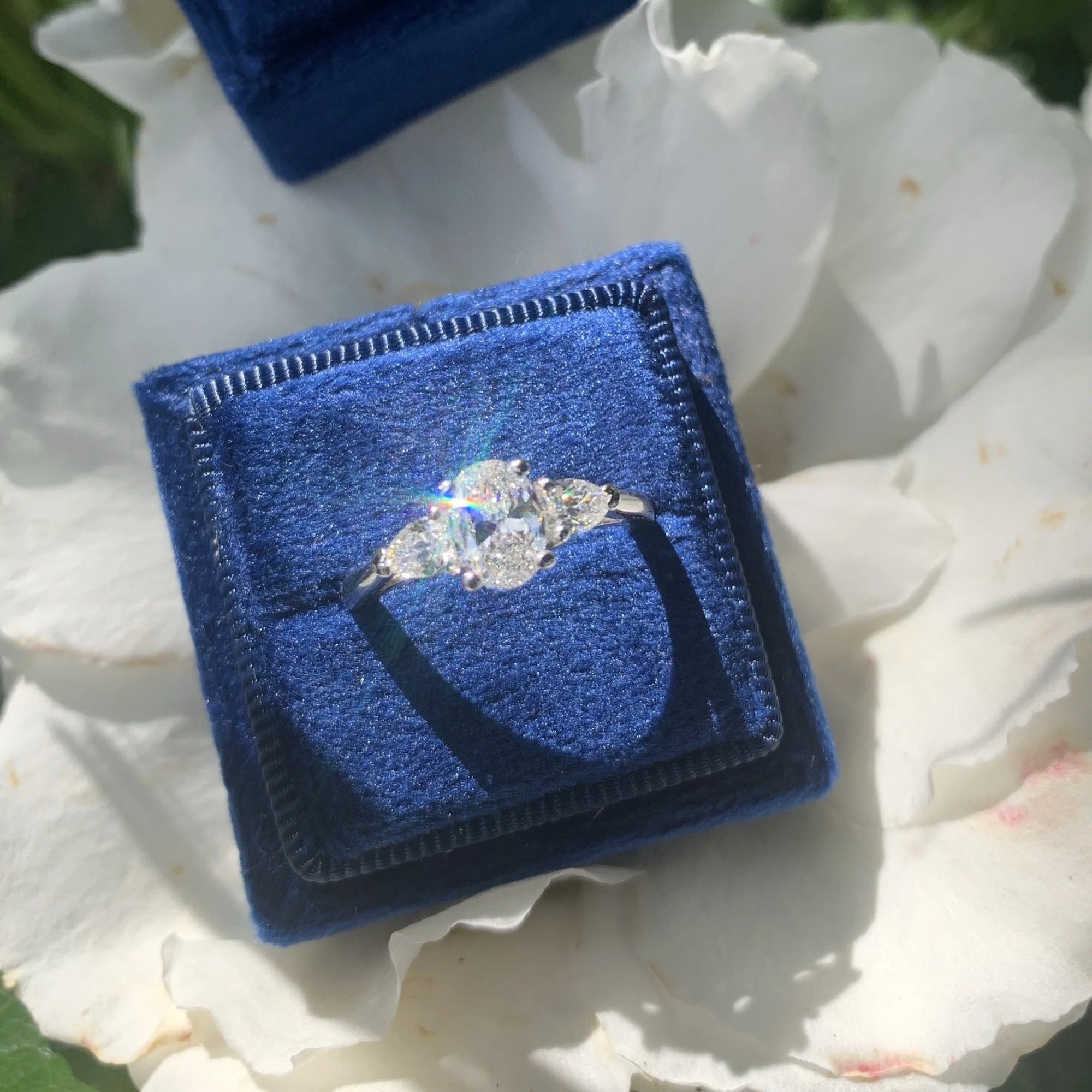 Heritage 1.60 CT + Oval and Pear Cut Lab Grown Diamond Three Stone Trilogy Engagement Ring, at Least F Colour / VVS Clarity