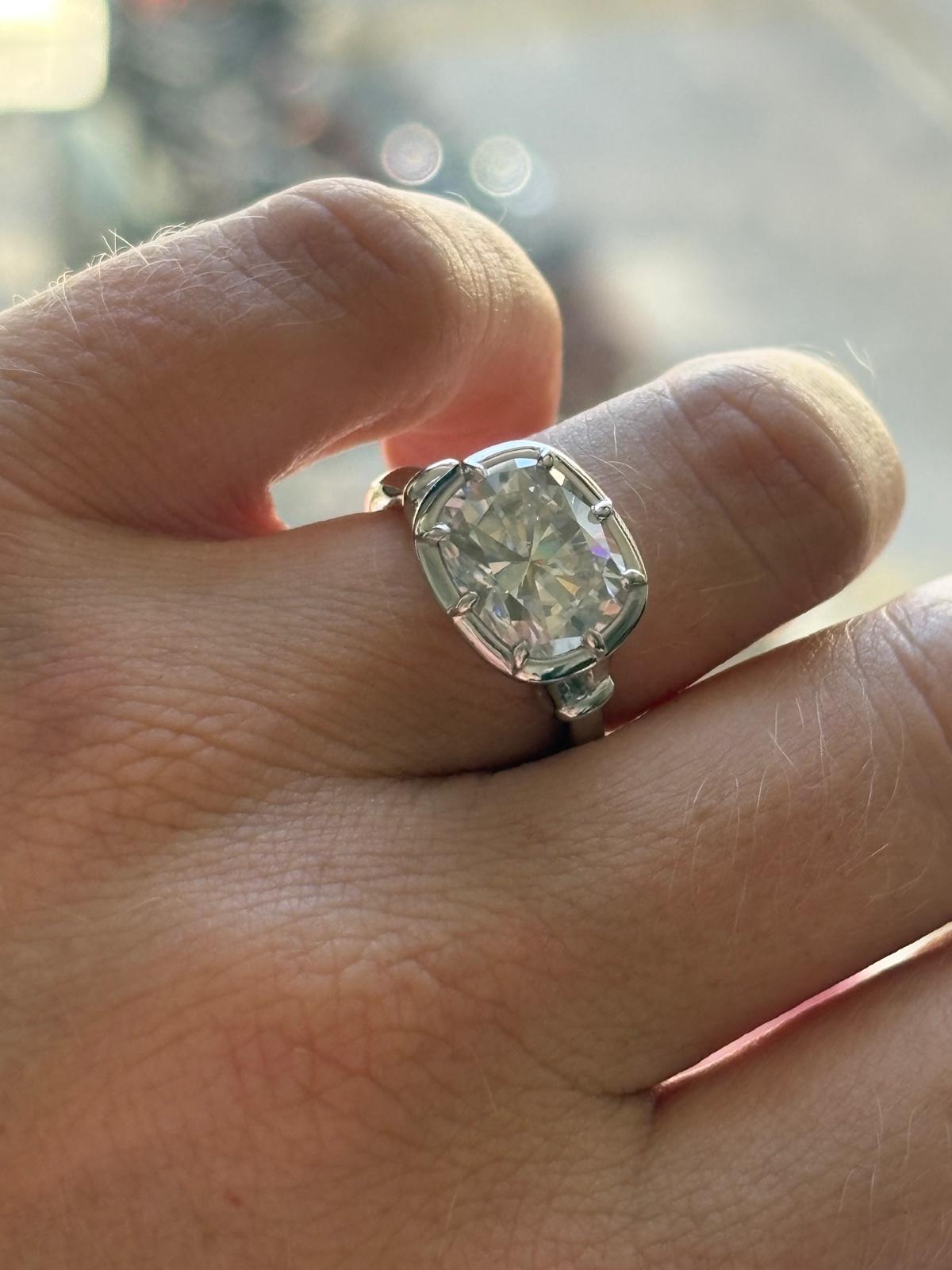 4.00 Carat Georgian Style Button Back Cushion Cut Moissanite East West Solitaire Ring in Sterling Silver