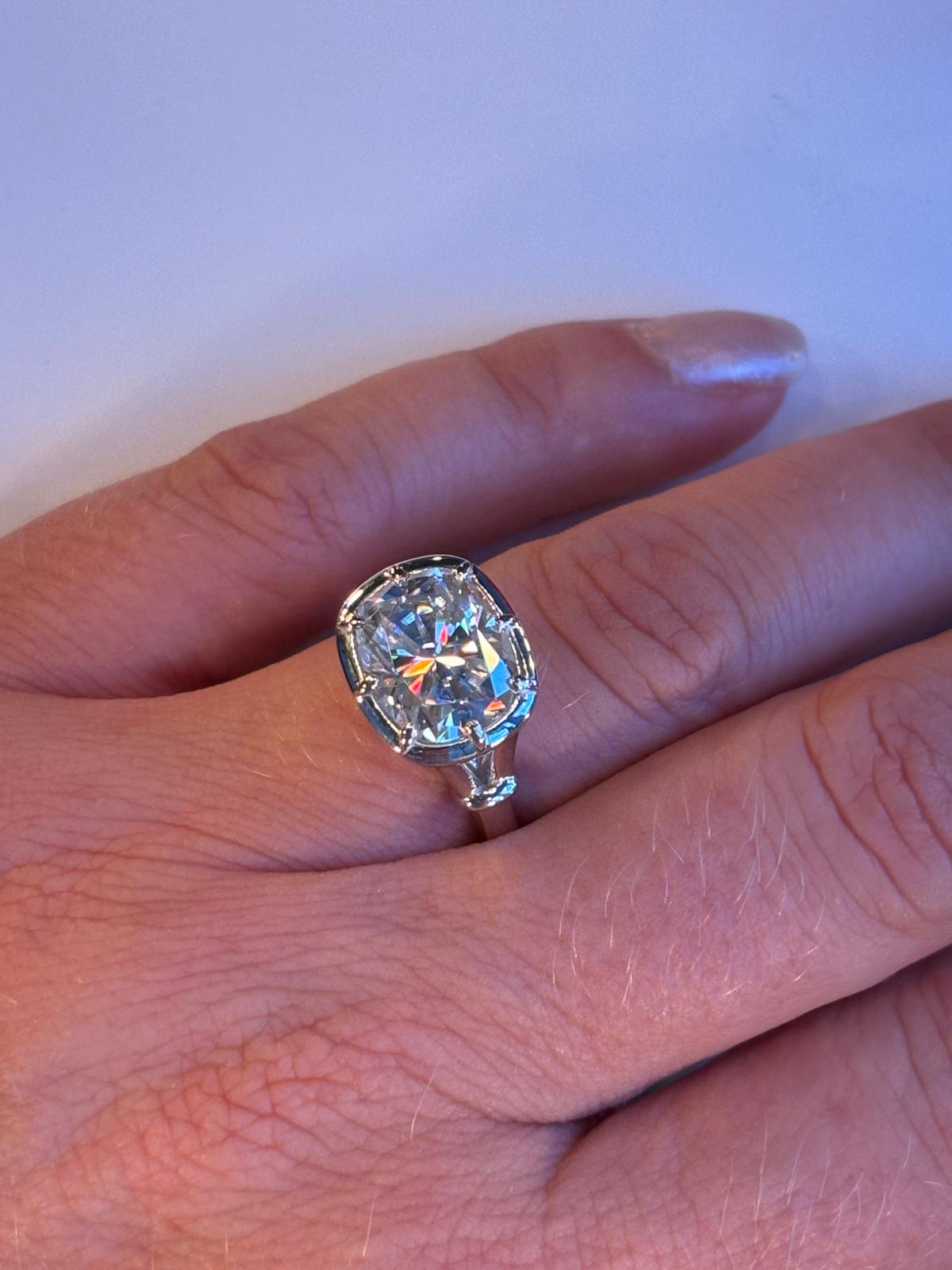 4.00 Carat Georgian Style Button Back Cushion Cut Moissanite East West Solitaire Ring in Sterling Silver