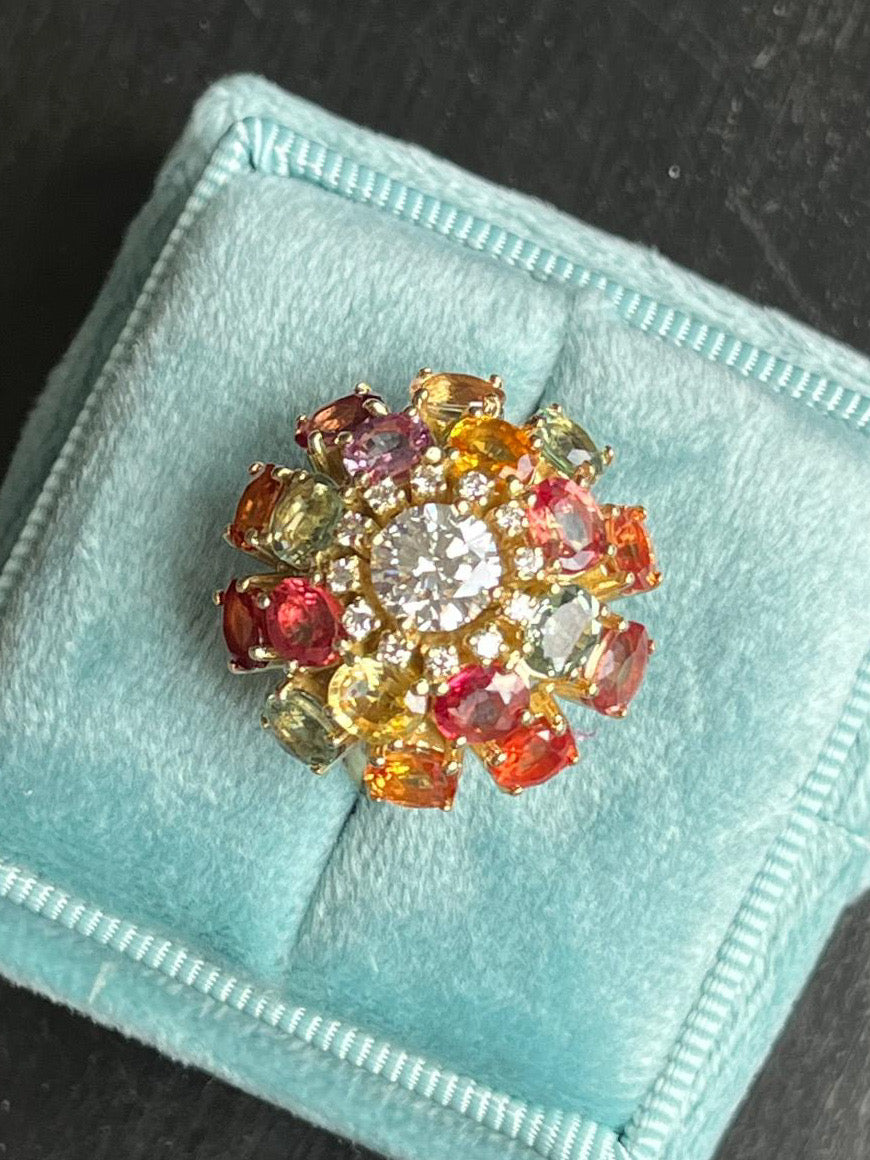 8.08 CTW Natural Diamond and Sapphire Bombe Cluster Ring in 18ct Yellow Gold