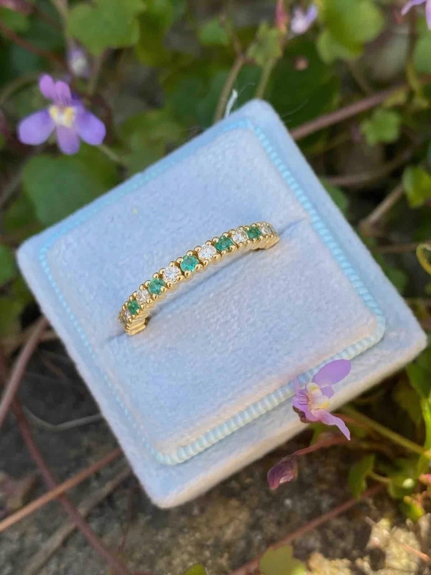 0.47ctw Natural Emerald and Natural Diamond Eternity Stacking Ring in 9ct Yellow Gold