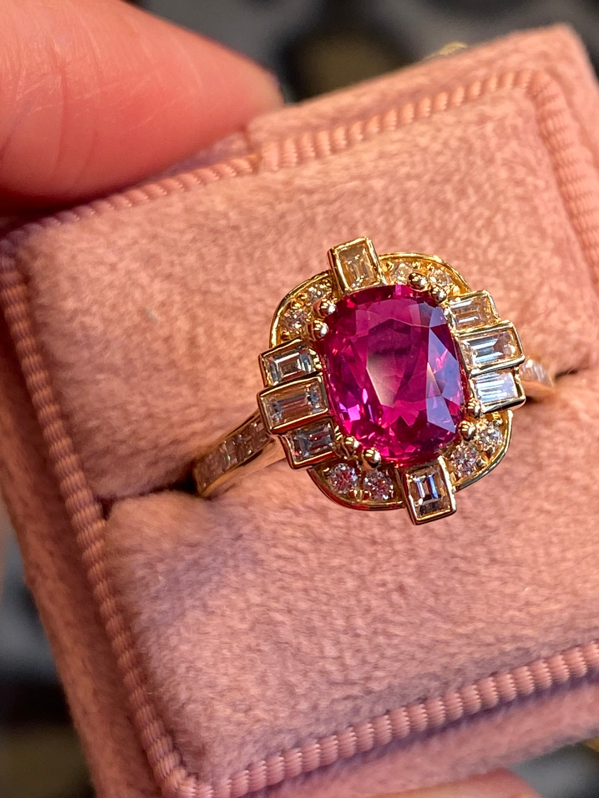 2.90 CTW Gubelin Certified No Heat Ruby and Natural Diamond Halo Ring in 18ct Yellow Gold