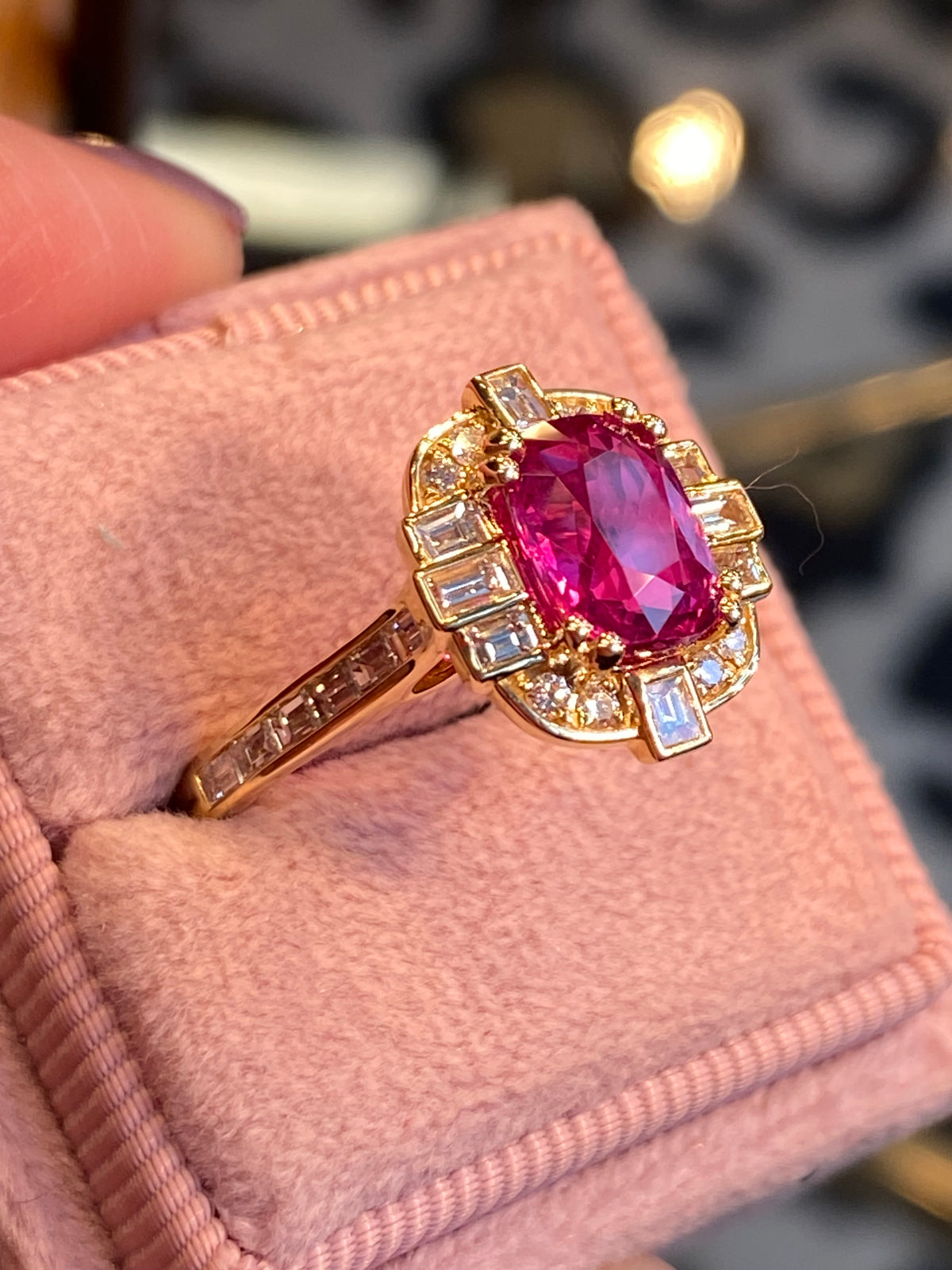 2.90 CTW Gubelin Certified No Heat Ruby and Natural Diamond Halo Ring in 18ct Yellow Gold