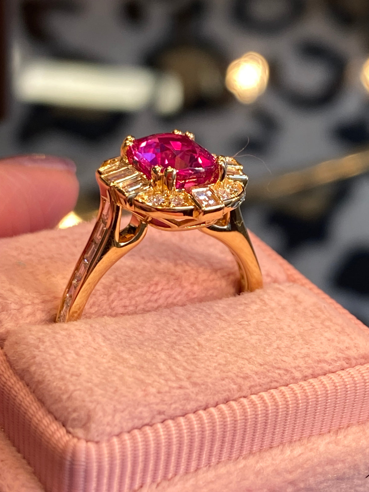2.90 CTW Gubelin Certified No Heat Ruby and Natural Diamond Halo Ring in 18ct Yellow Gold