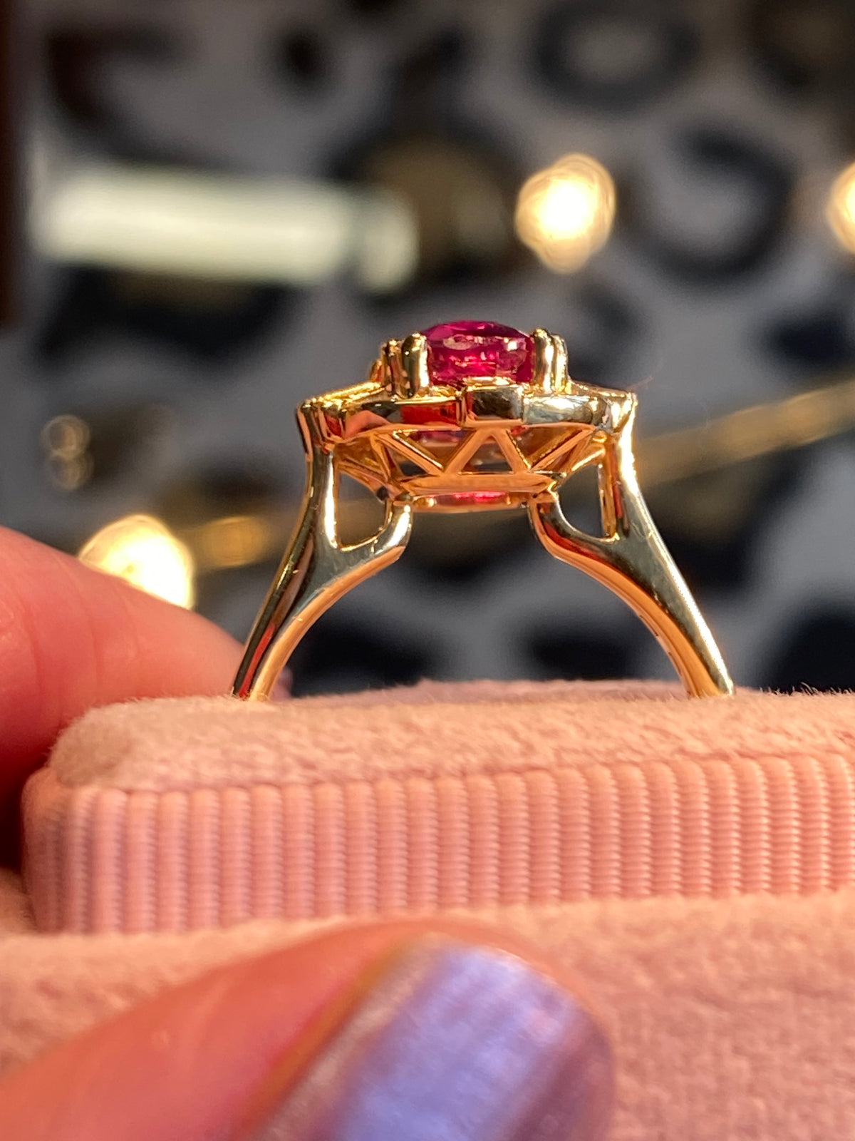 2.90 CTW Gubelin Certified No Heat Ruby and Natural Diamond Halo Ring in 18ct Yellow Gold
