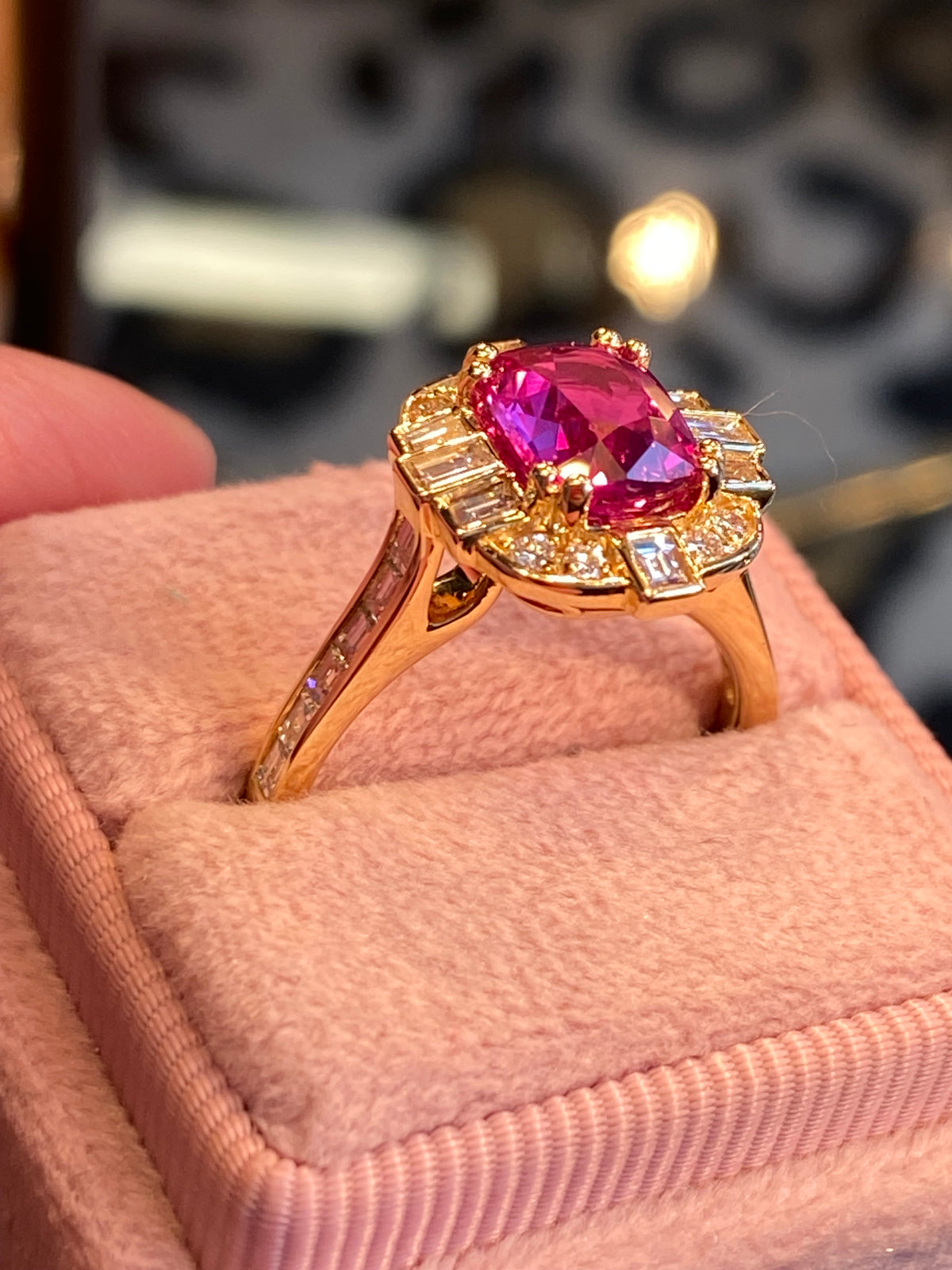 2.90 CTW Gubelin Certified No Heat Ruby and Natural Diamond Halo Ring in 18ct Yellow Gold