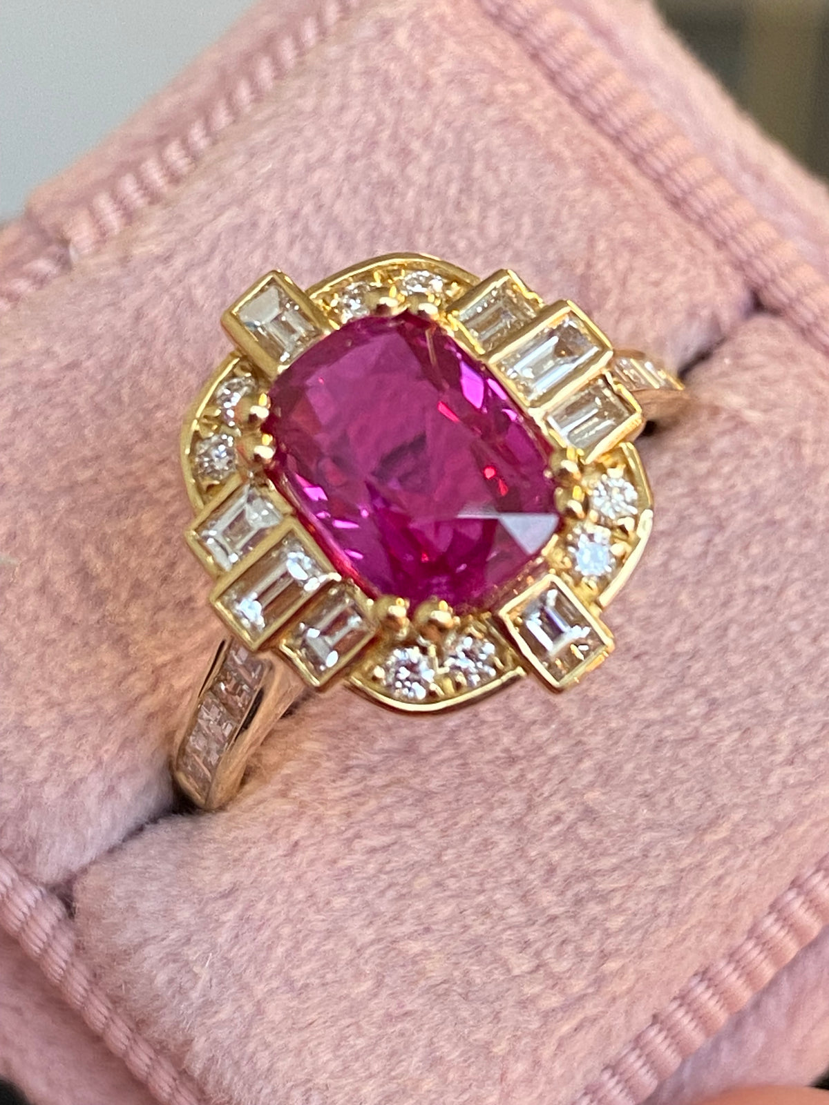 2.90 CTW Gubelin Certified No Heat Ruby and Natural Diamond Halo Ring in 18ct Yellow Gold